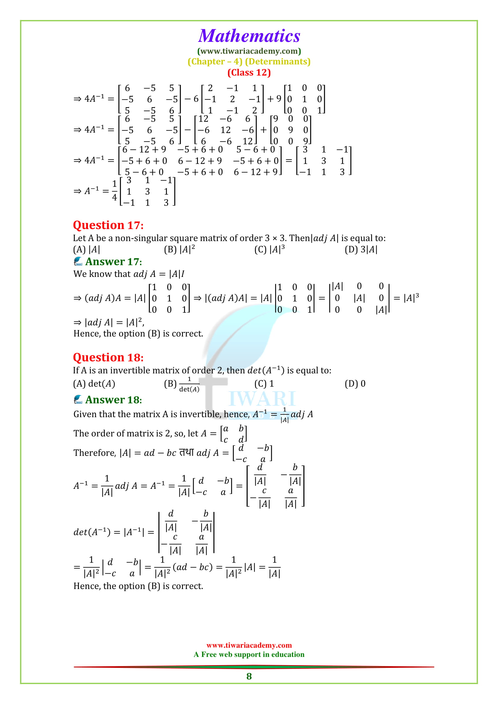 Class 12 Maths Chapter 4 Exercise 4.5 Inverse and adjoint of matrix
