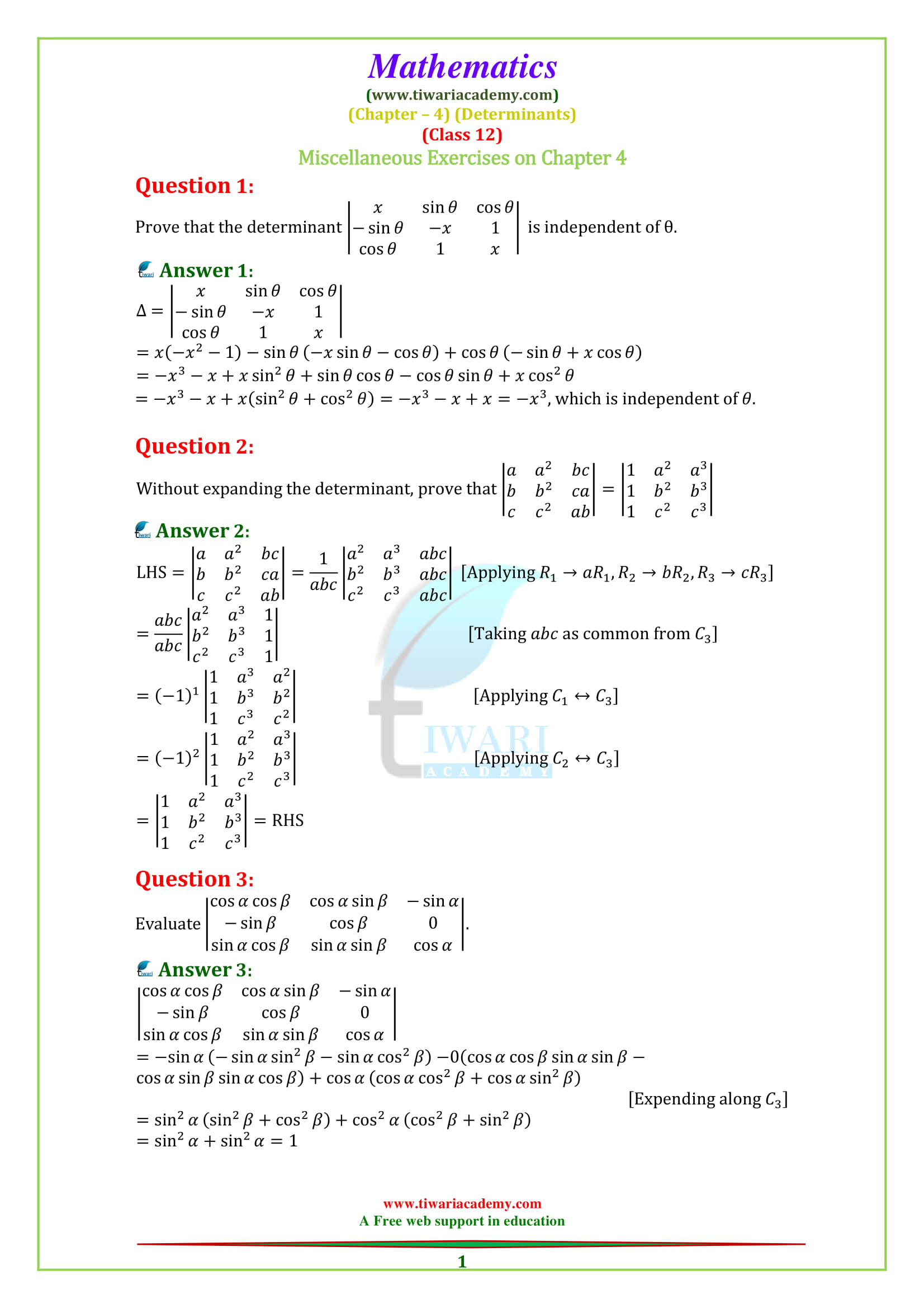 12 Maths Chapter 4 Miscellaneous Exercise 4 solutions Determinants