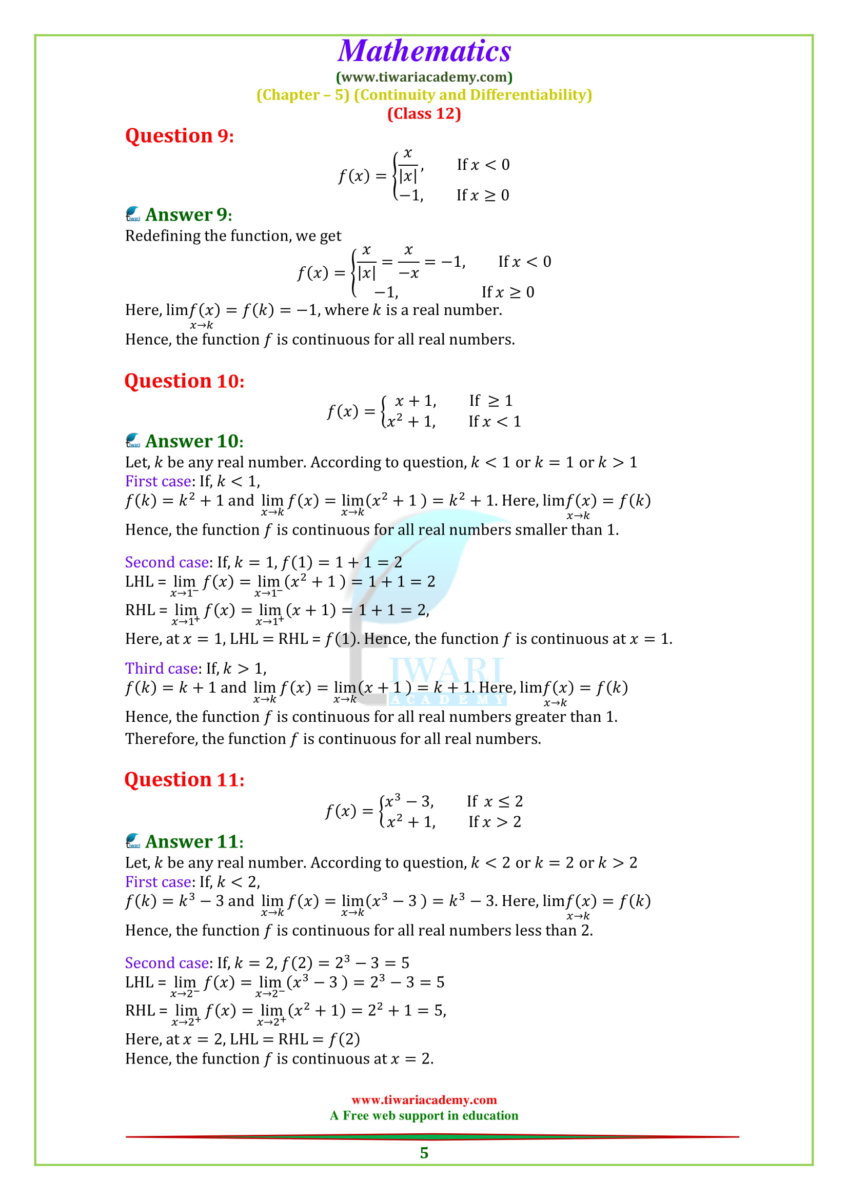 Class 12 Maths Chapter 5 Exercise 5.1 Continuity for CBSE & UP Board