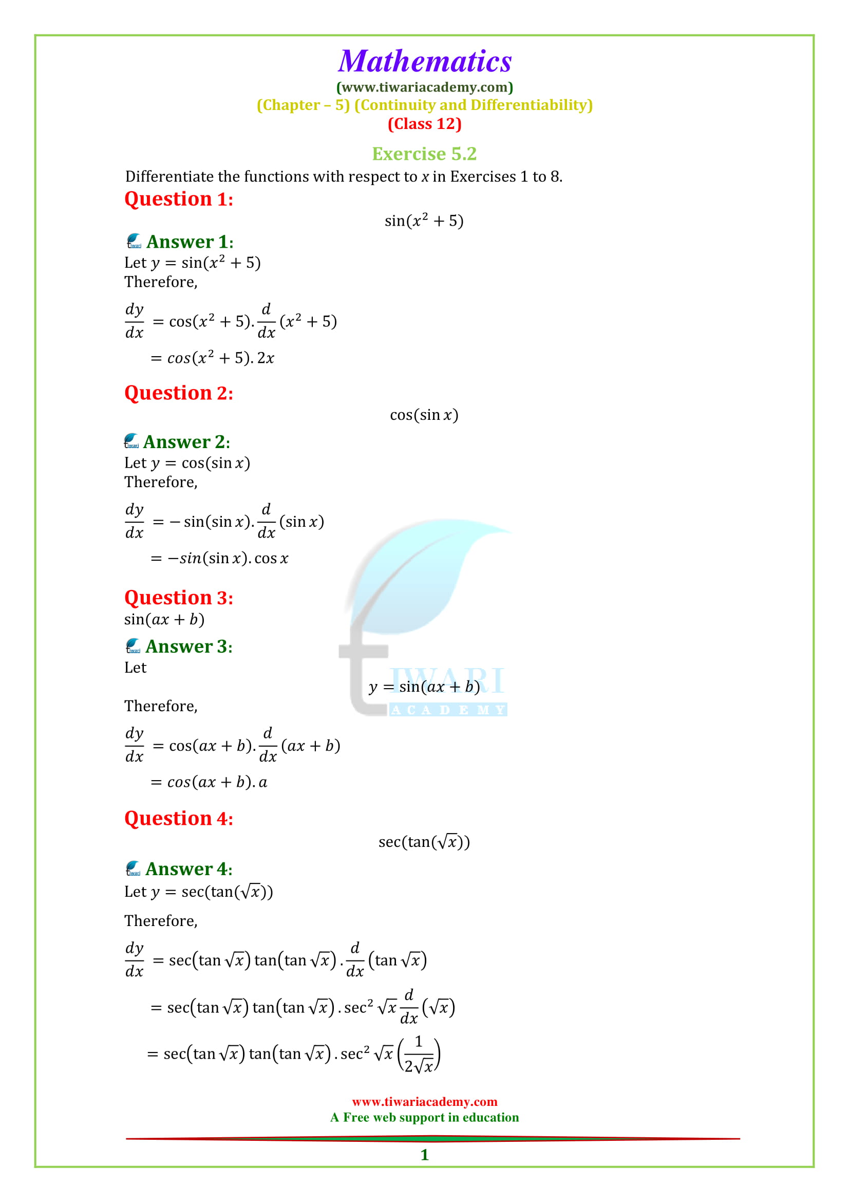 12 Maths Chapter 5 Exercise 5.2 Continuity and Differentiability