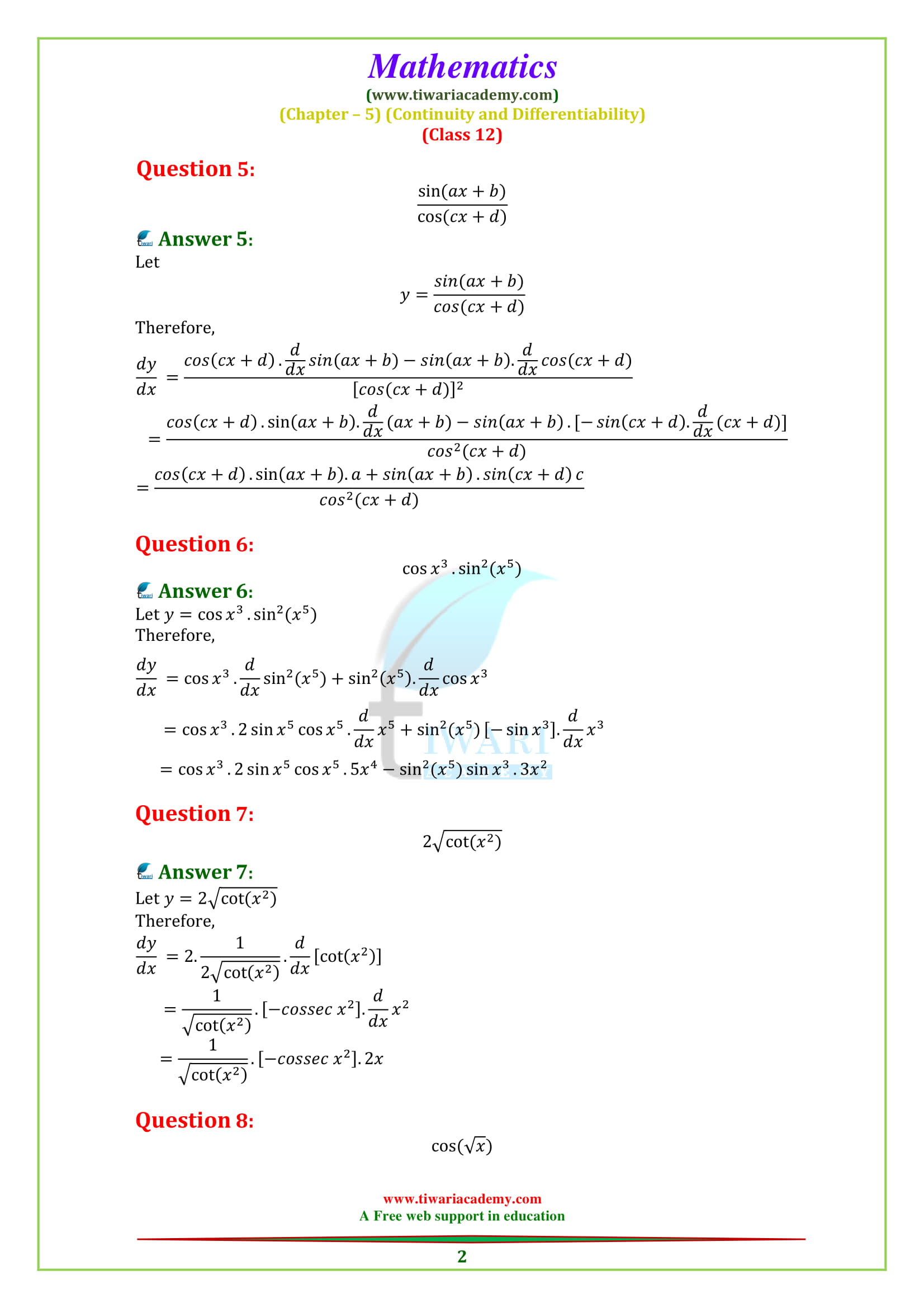 12 Maths Chapter 5 Exercise 5.2 Continuity and Differentiability in English medium free to download in PDF