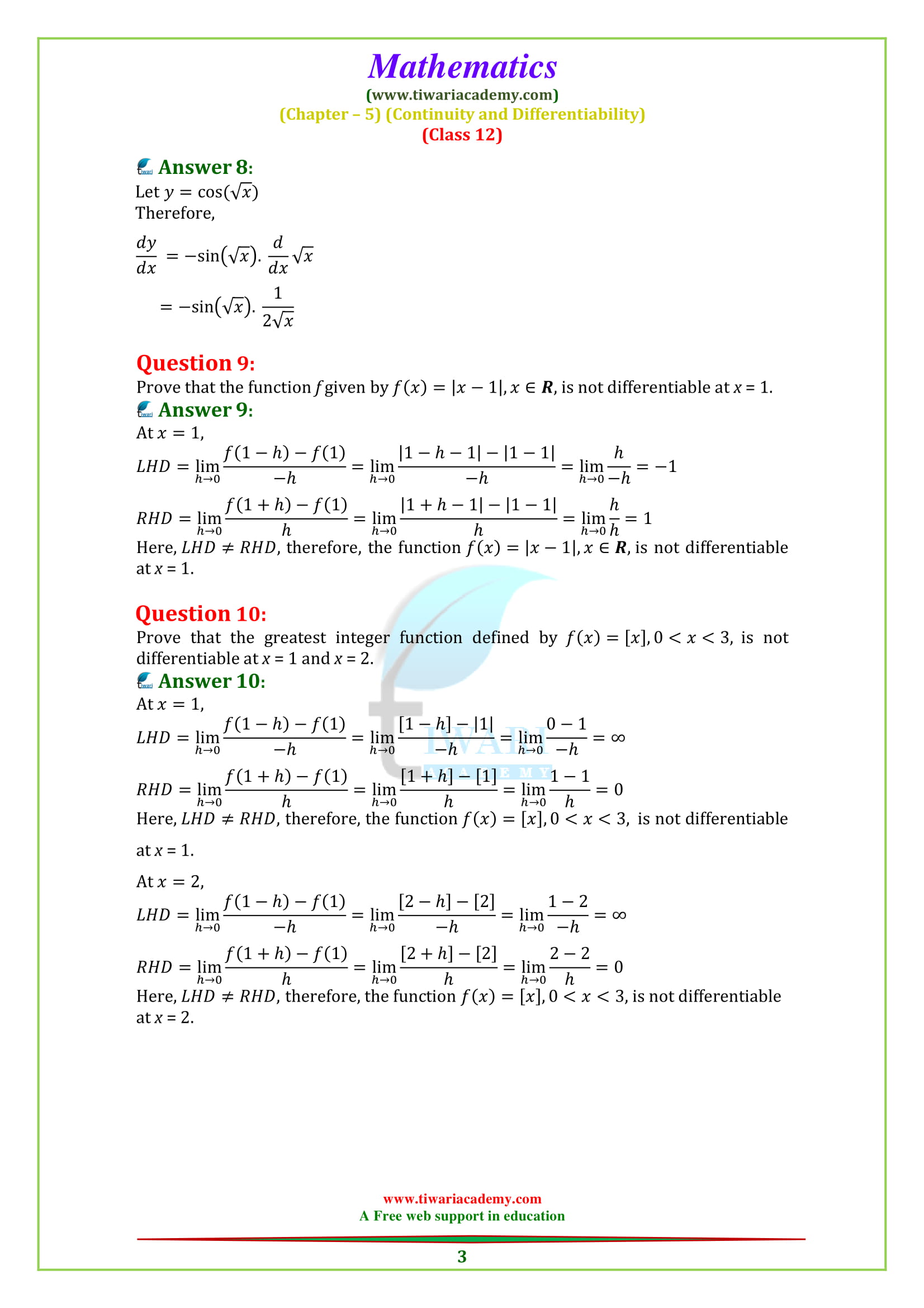 12 Maths Chapter 5 Exercise 5.2 Continuity and Differentiability updated for 2018-19