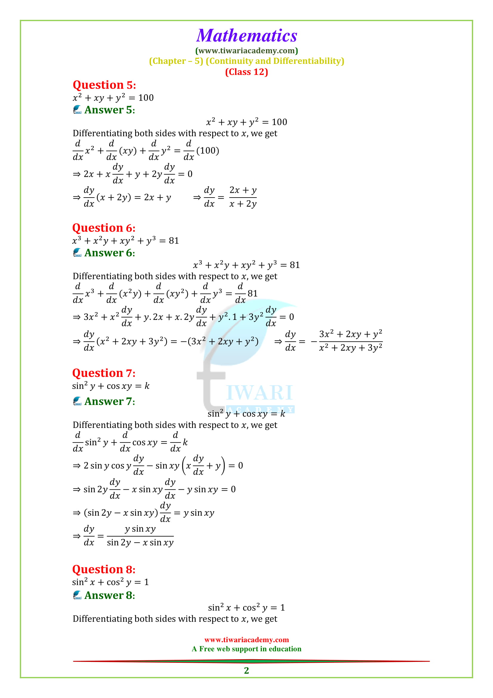 NCERT Solutions for Class 12 Maths Chapter 5 Exercise 5.3 in PDF English Medium