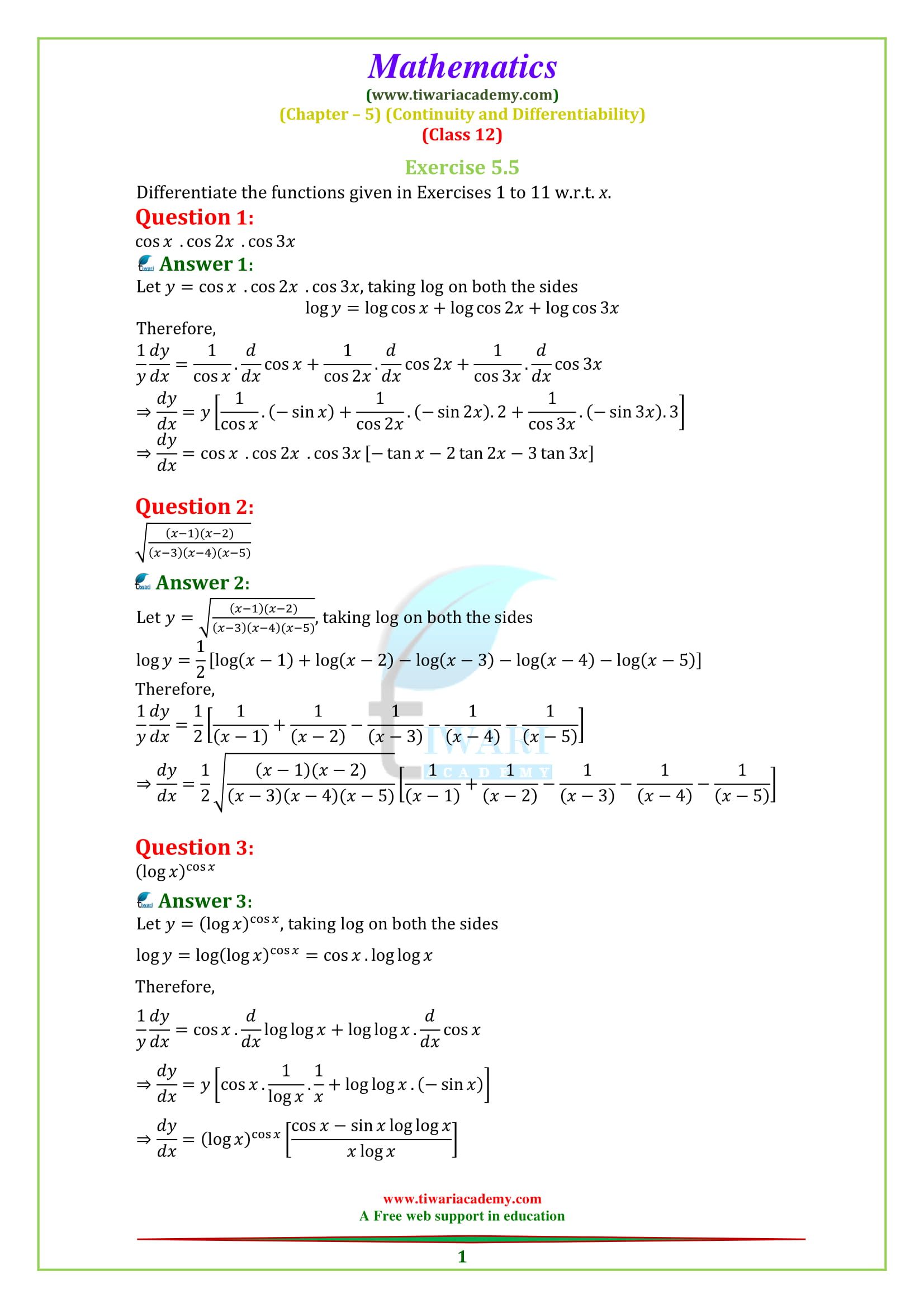 NCERT Solutions for Class 12 Maths Chapter 5 Exercise 5.5 in PDF