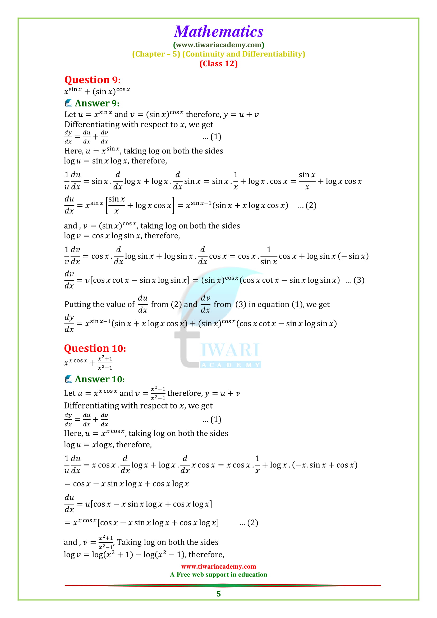 NCERT Solutions for Class 12 Maths Chapter 5 Exercise 5.5 in English medium for cbse and up board.