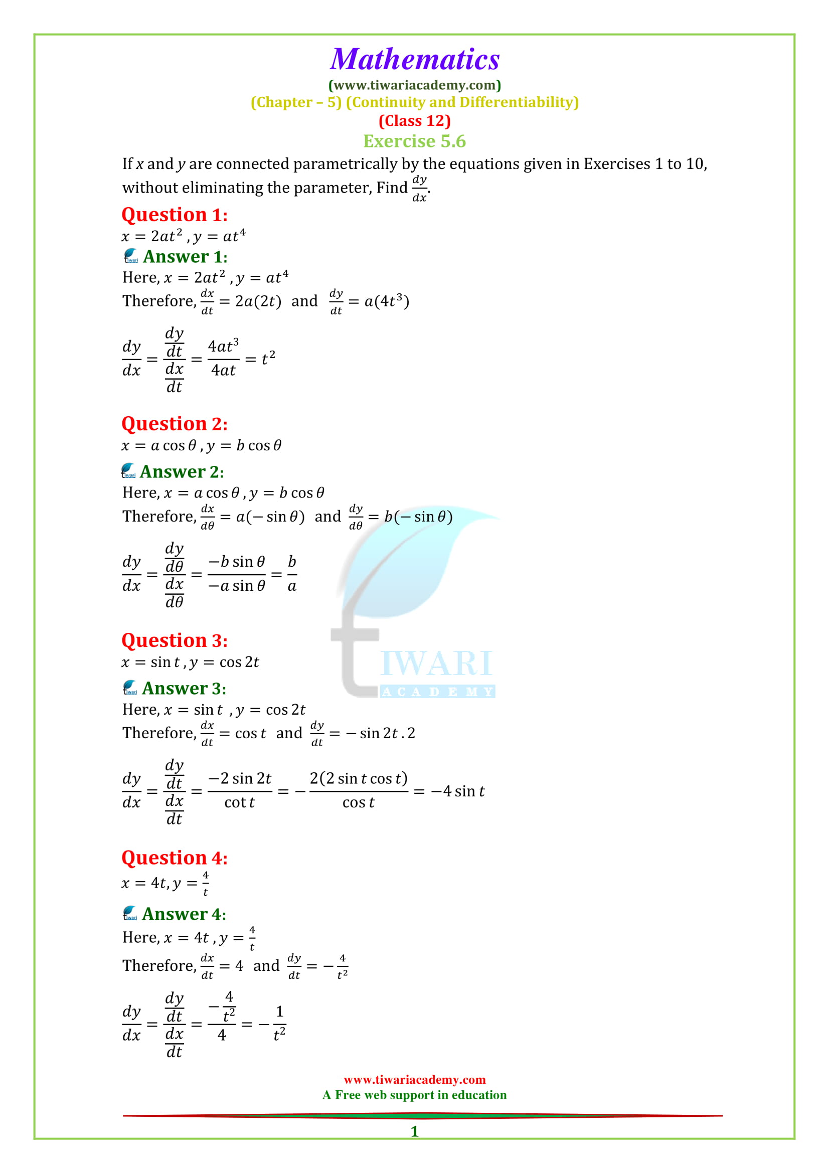 12 Maths Chapter 5 Exercise 5.6 Differential Calculus