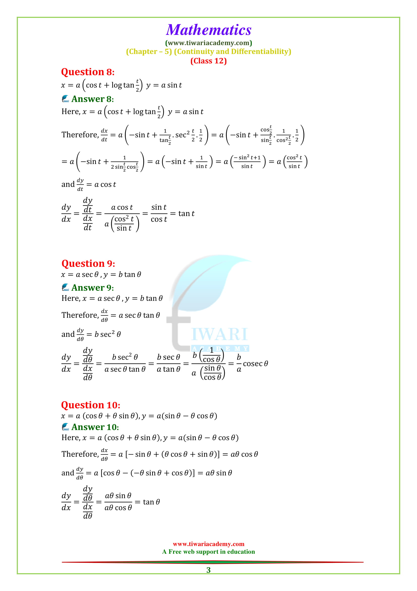 12 Maths Chapter 5 Exercise 5.6 Differential Calculus in PDF for 2018-2019