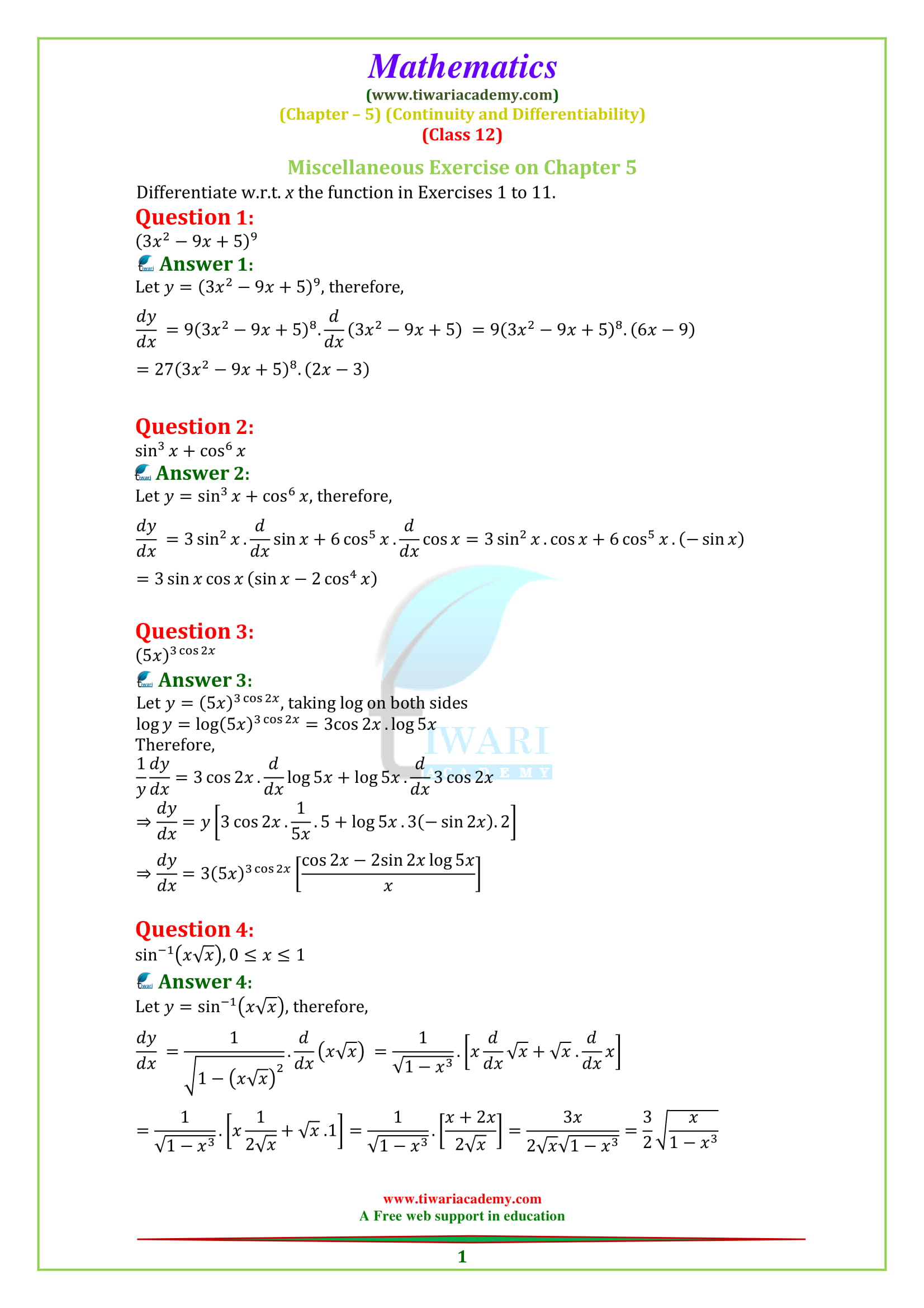 Class 12 Maths Chapter 5 Miscellaneous Exercise 5