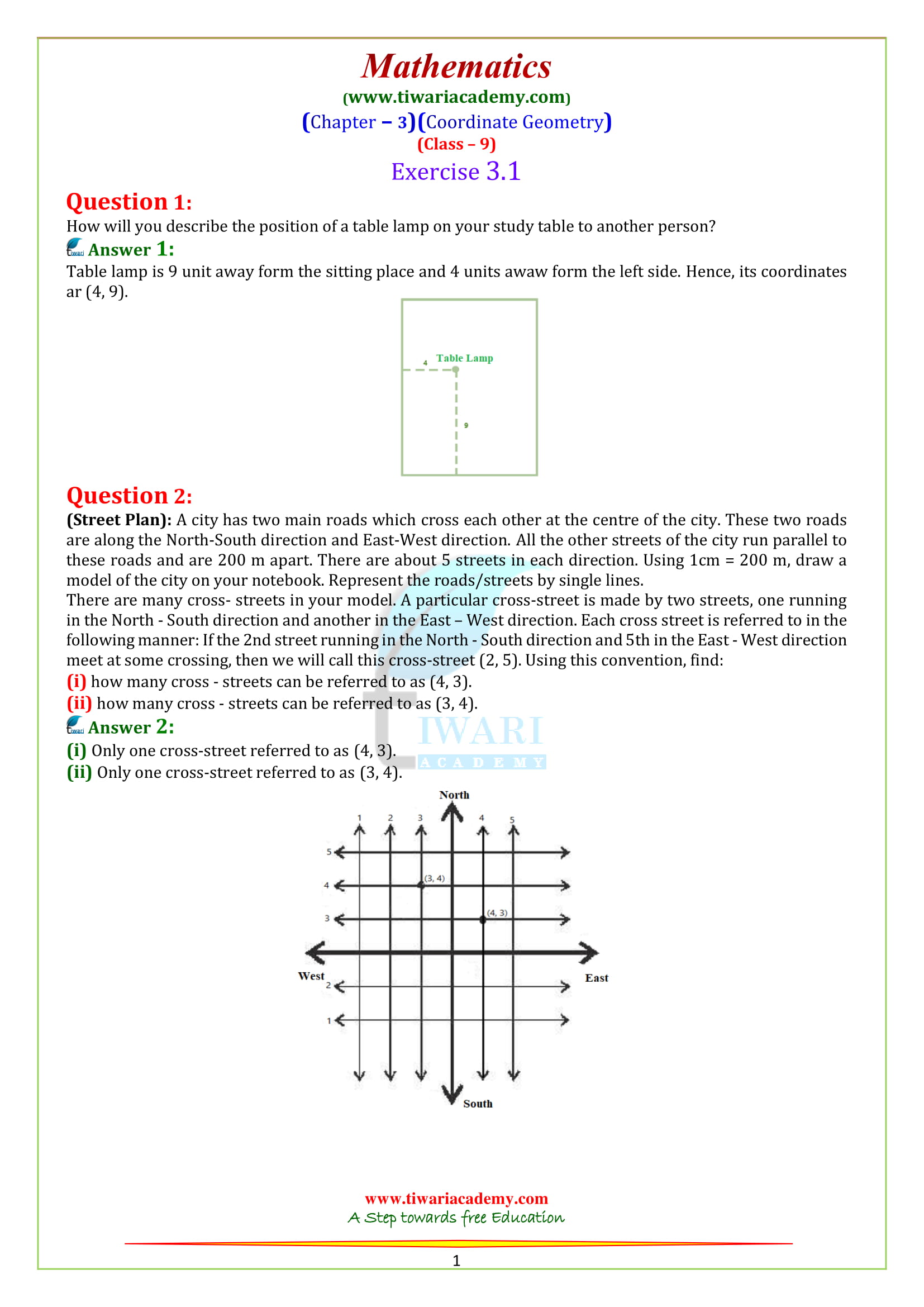 9 Maths Chapter 3 Exercise 3.1 Coordinate geometry in English Medium