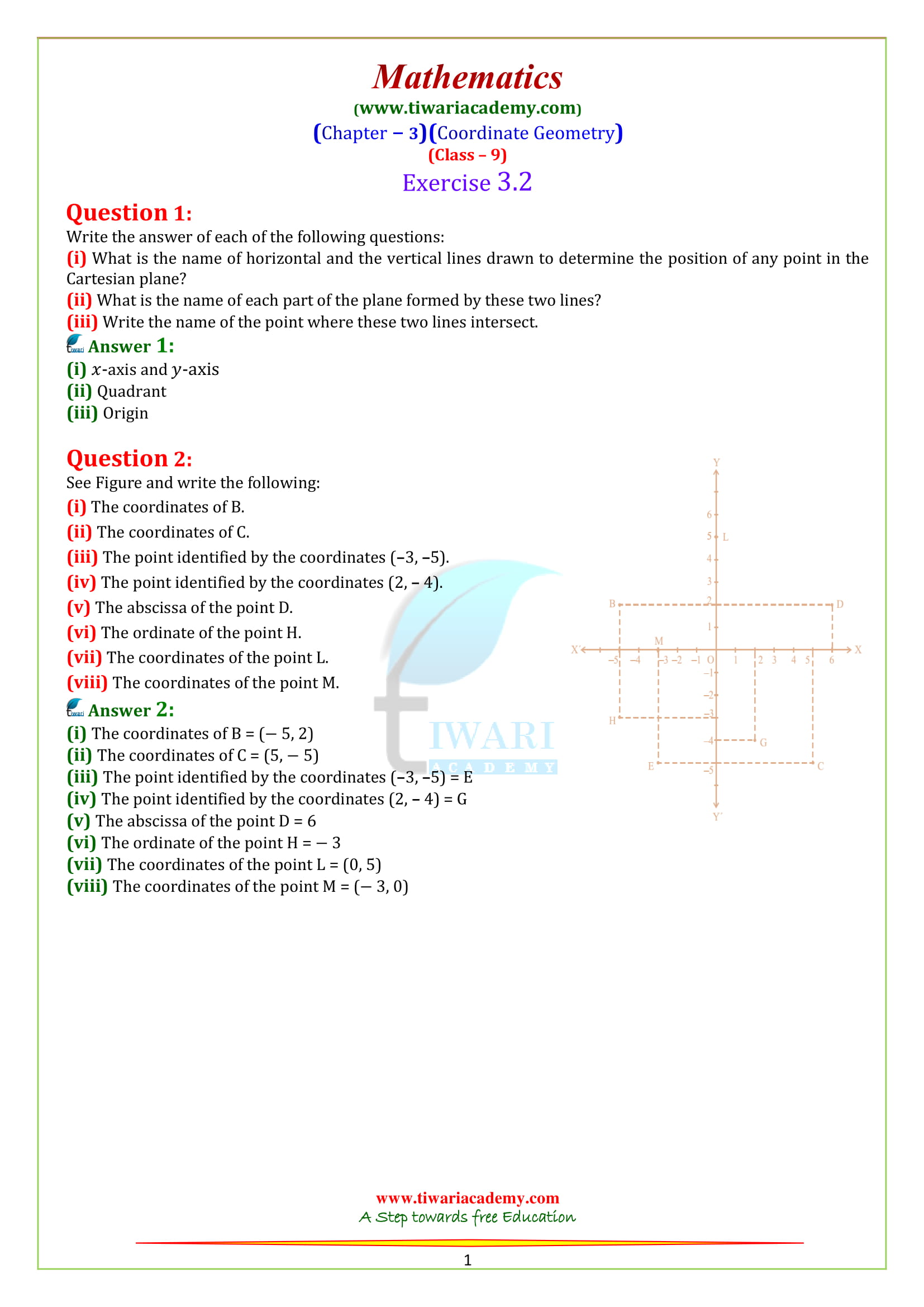 9 Maths Chapter 3 Exercise 3.2 Coordinate geometry in English Medium