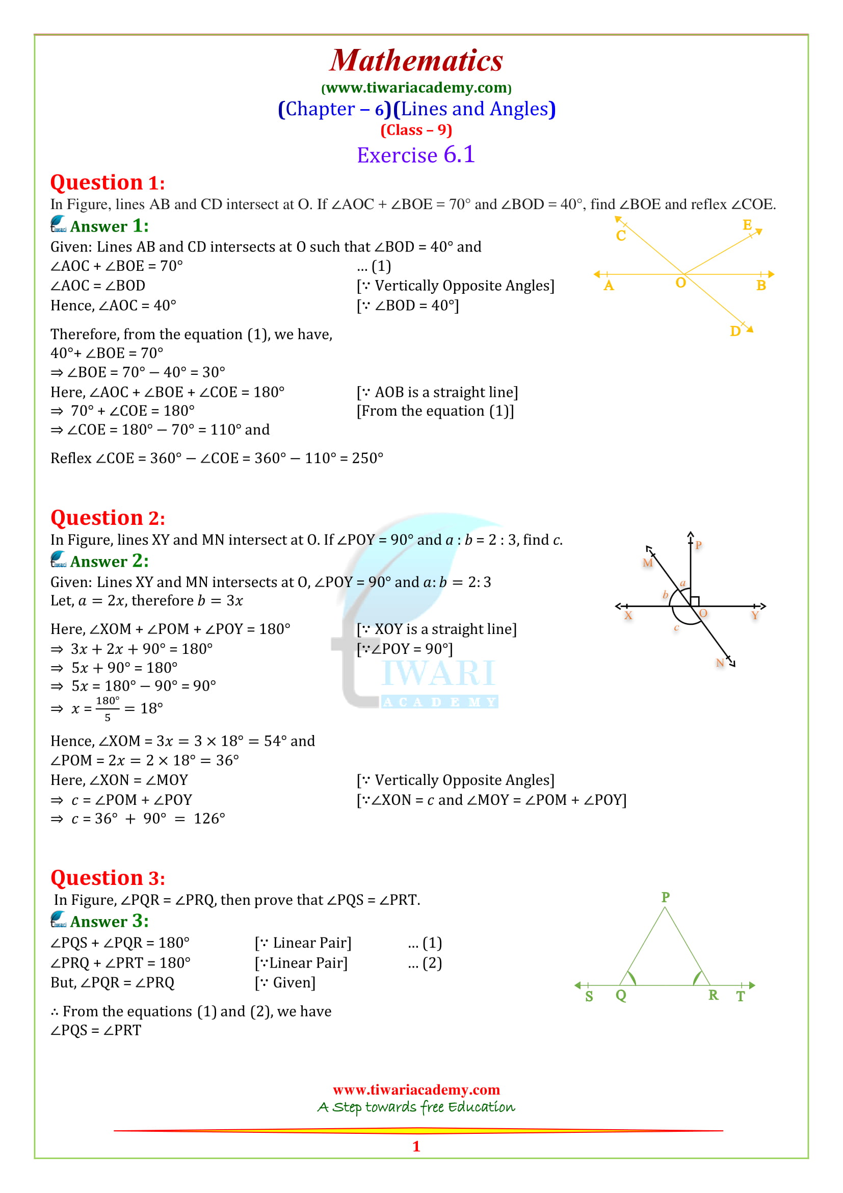 NCERT Solutions for class 9 Maths Chapter 6 Exercise 6.1 Lines and angles in English Medium