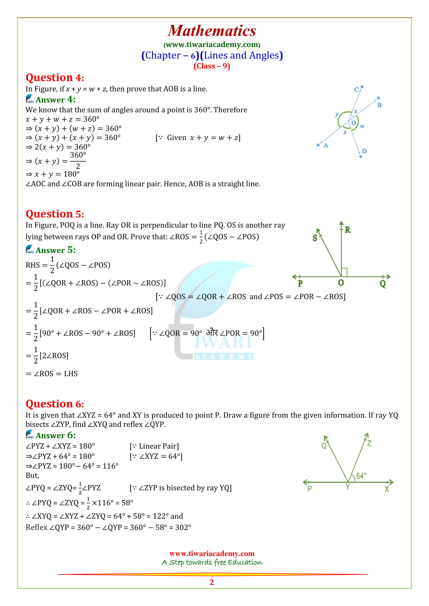 NCERT Solutions for class 9 Maths Chapter 6 Exercise 6.1 Lines and angles in English Medium PDF