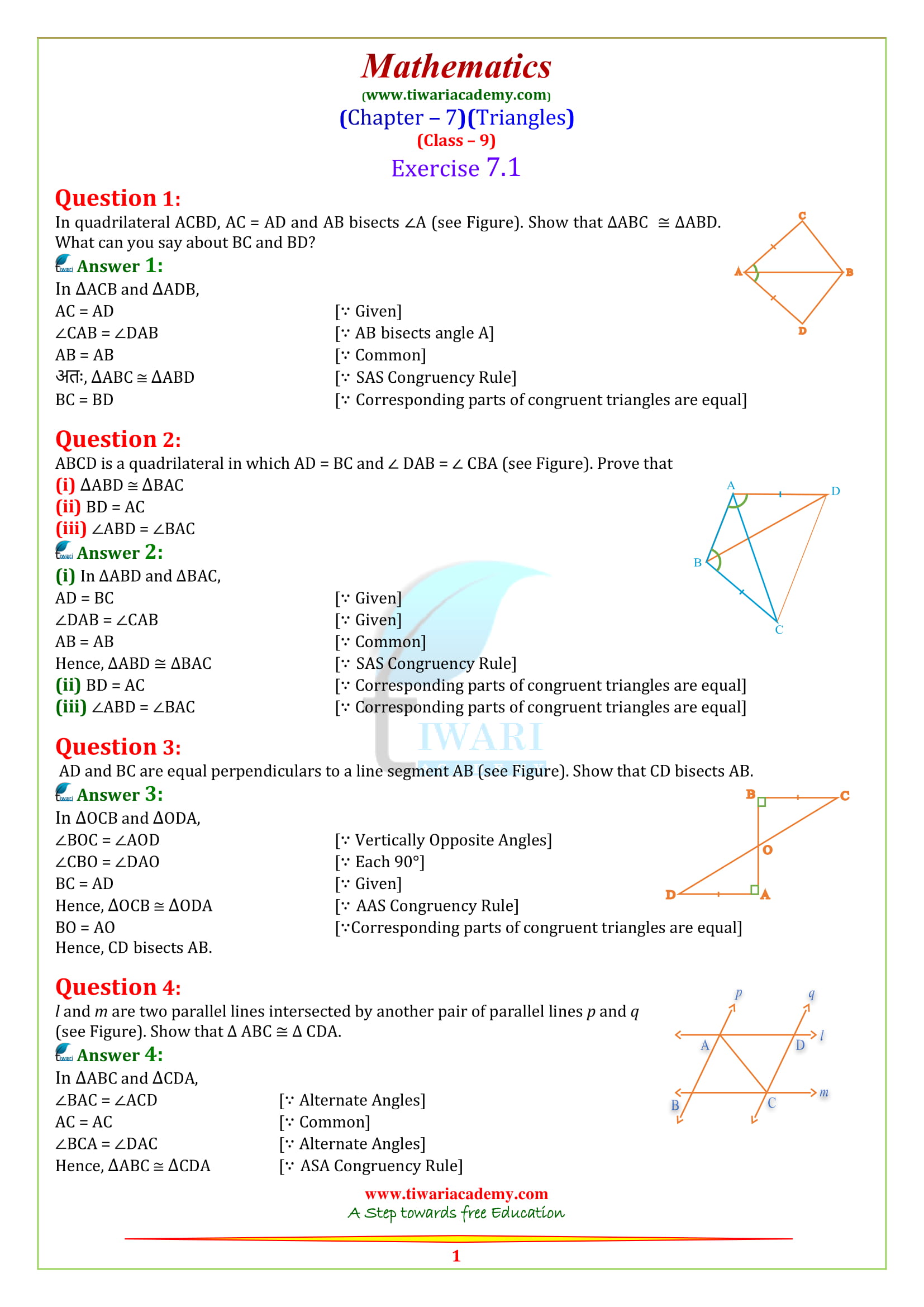 NCERT Solutions for class 9 Maths Exercise 7.1 in English medium