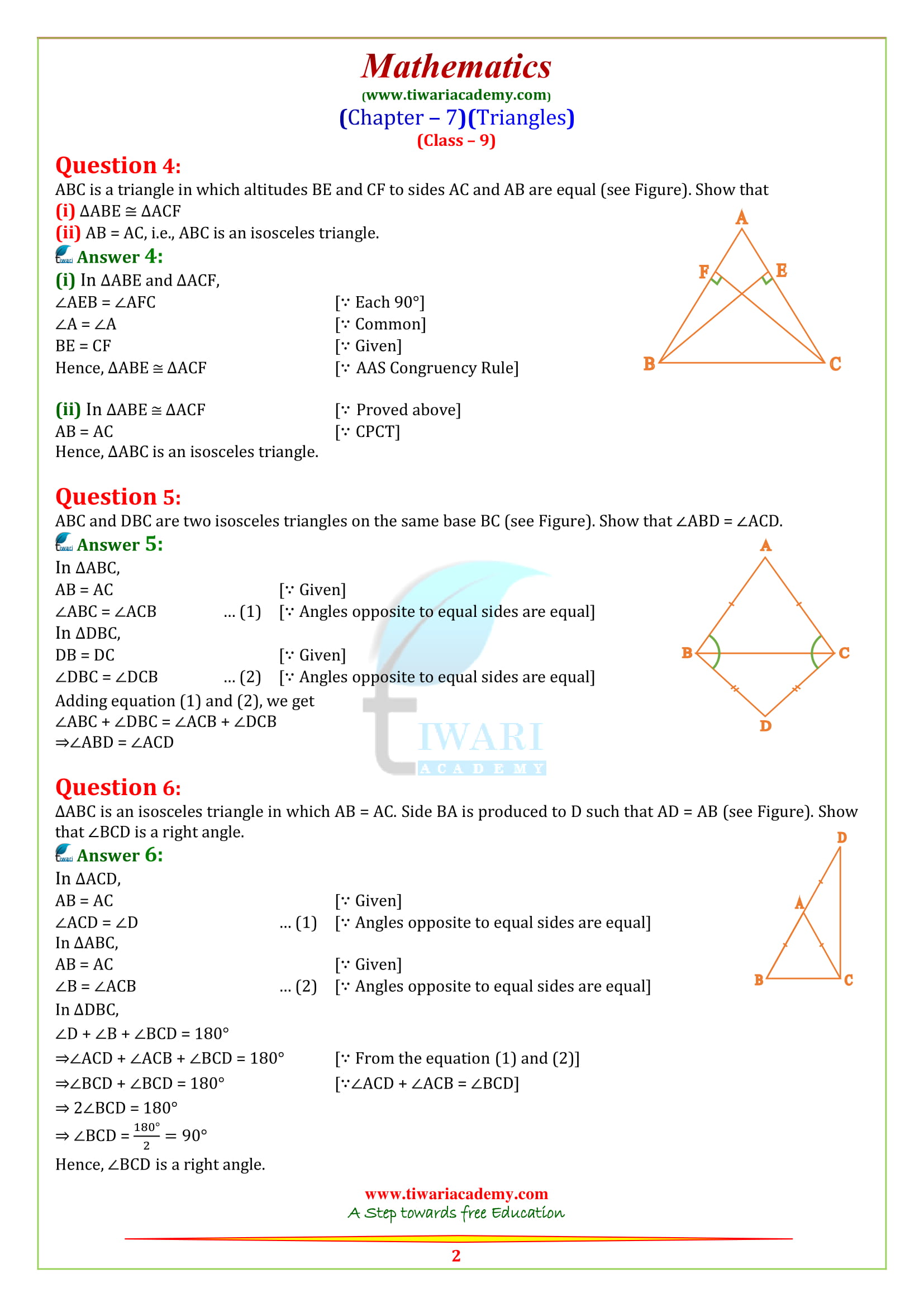 Class 9 Maths chap. 7 Triangles Exercise 7.2 in English medium solutions for all boards