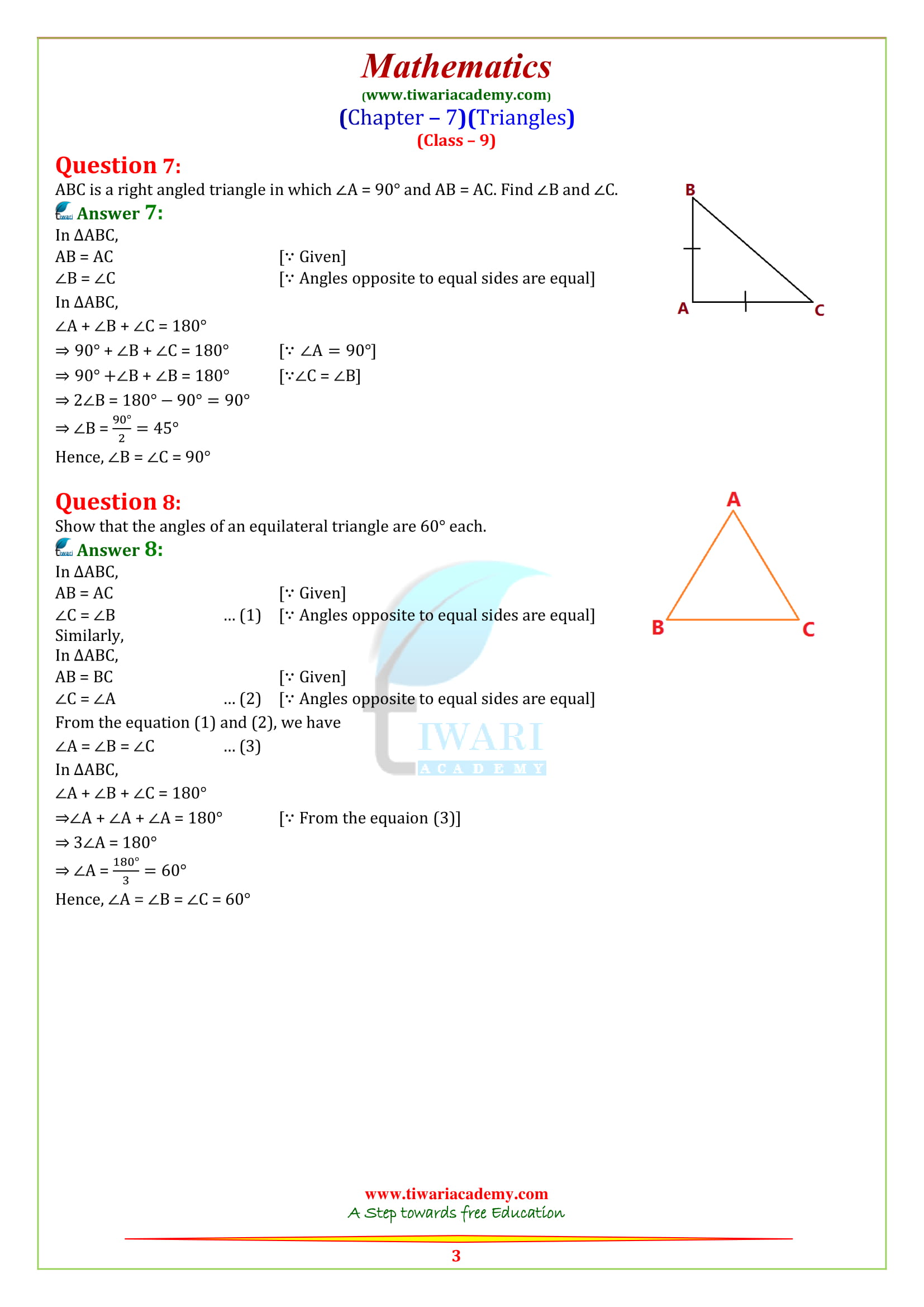 Class 9 Maths chap. 7 Triangles Exercise 7.2 in English medium sols for up board, gujrat board and cbse