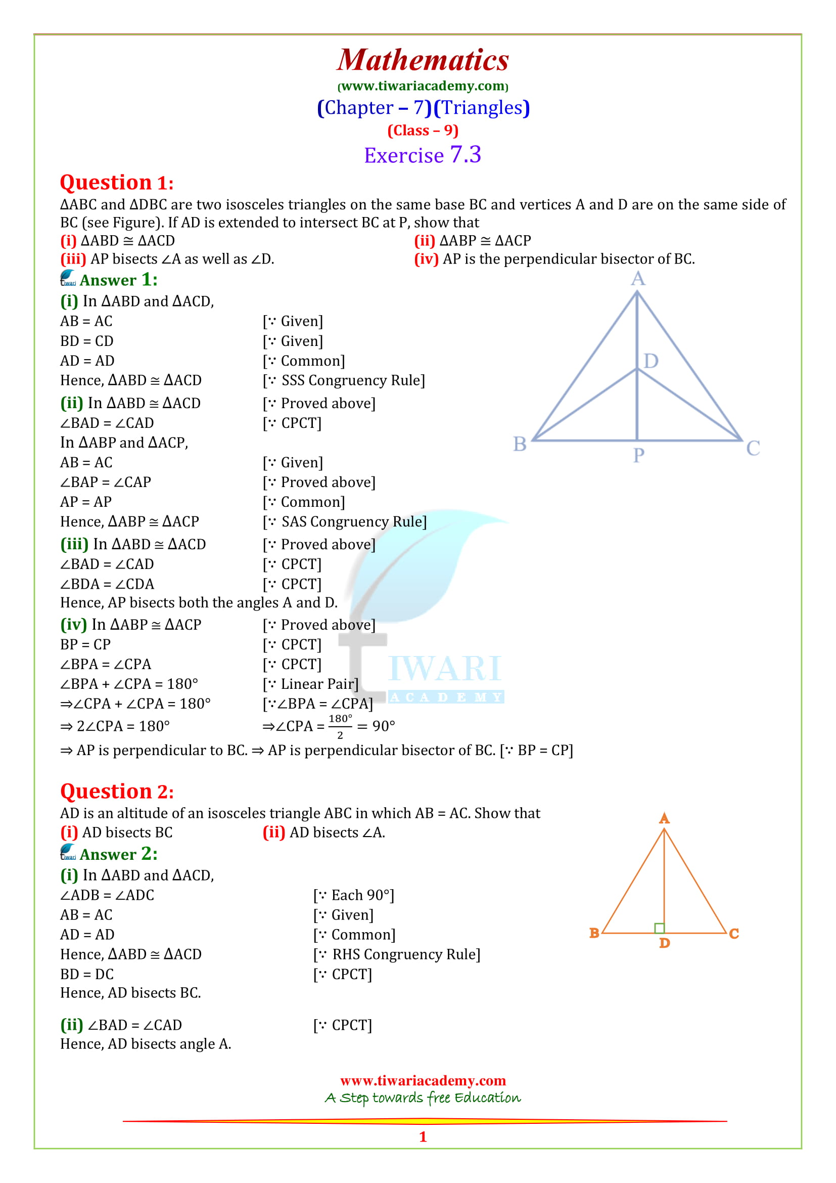NCERT Solutions for class 9 Maths Chapter 7 Triangles Ex. 7.3 in English medium