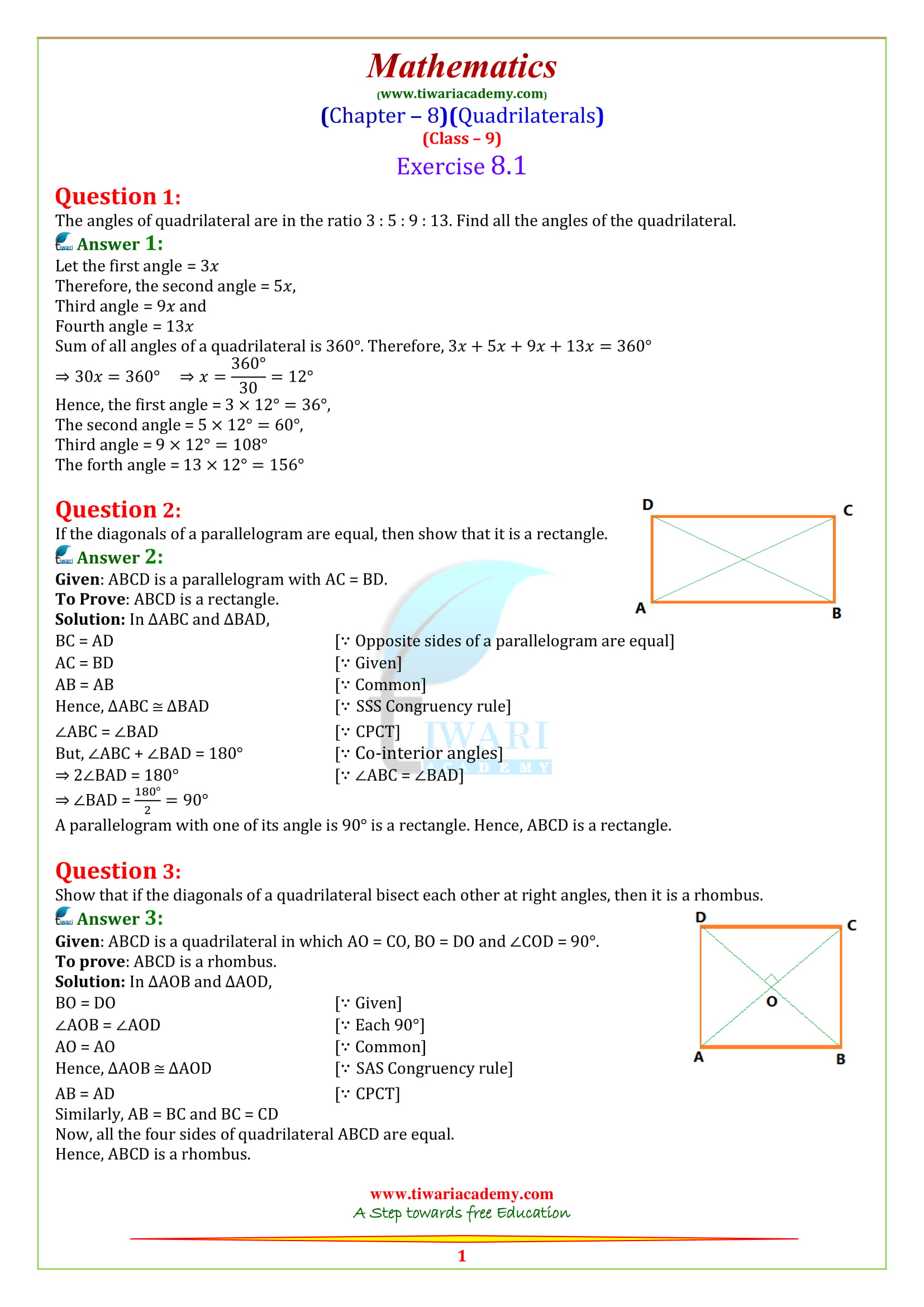 NCERT Solutions for Class 9 Maths Chapter 8 Exercise 8.1