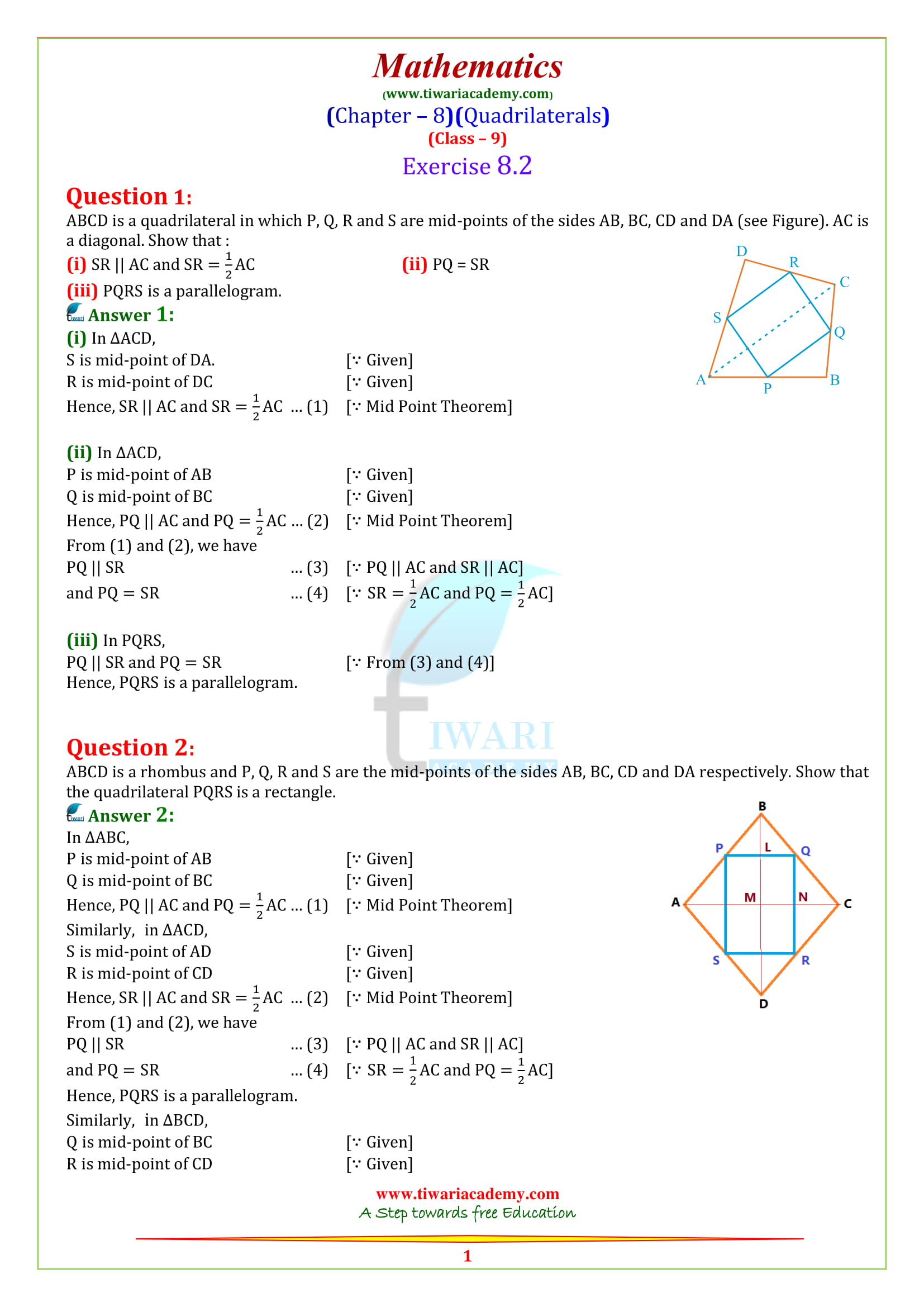 9 Maths solutions exercise 8.2 quadrilaterals