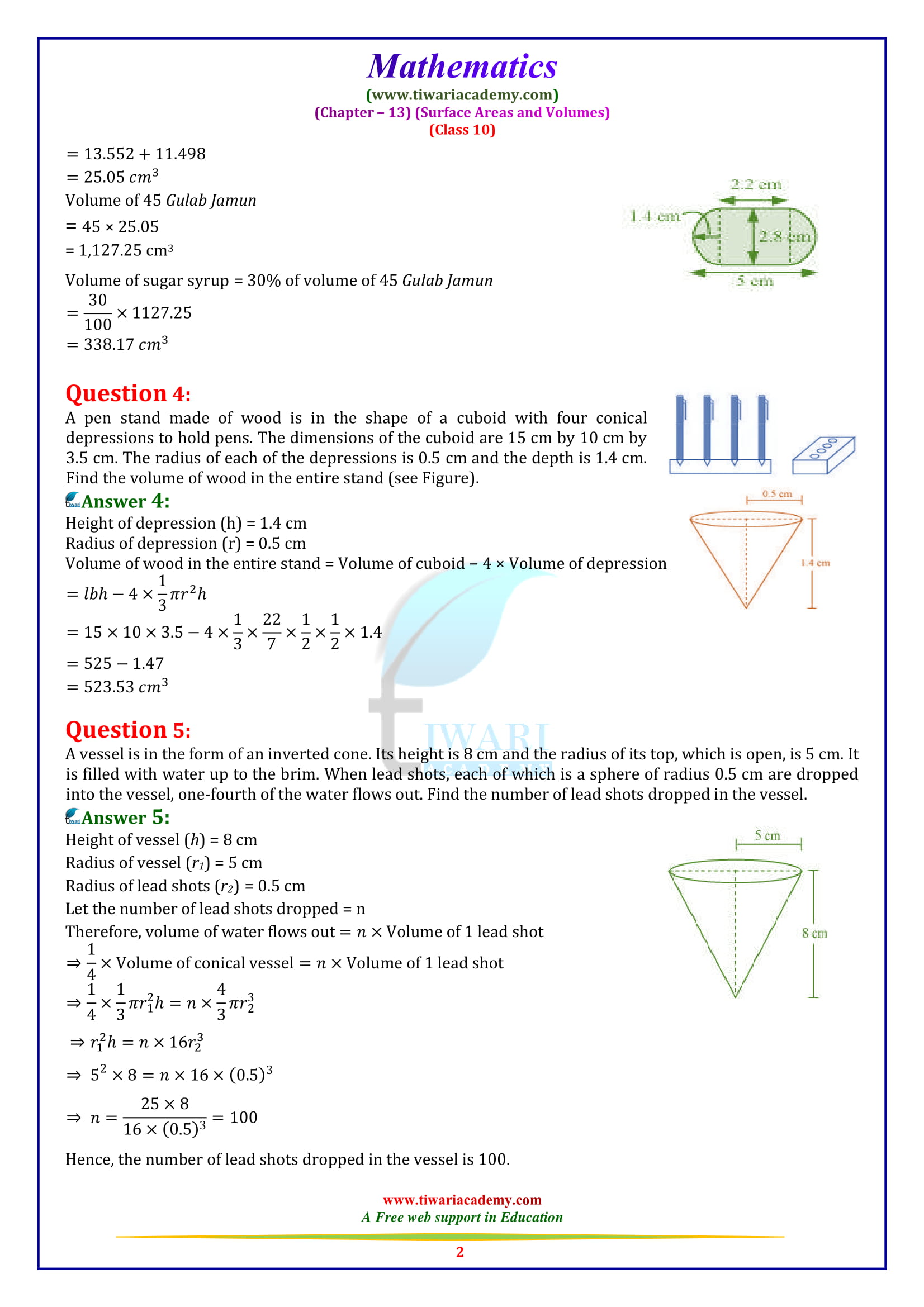 NCERT Solutions for Class 10 Maths Chapter 13 Exercise 13.2 surface areas and volumes in English medium free for 2018-19.