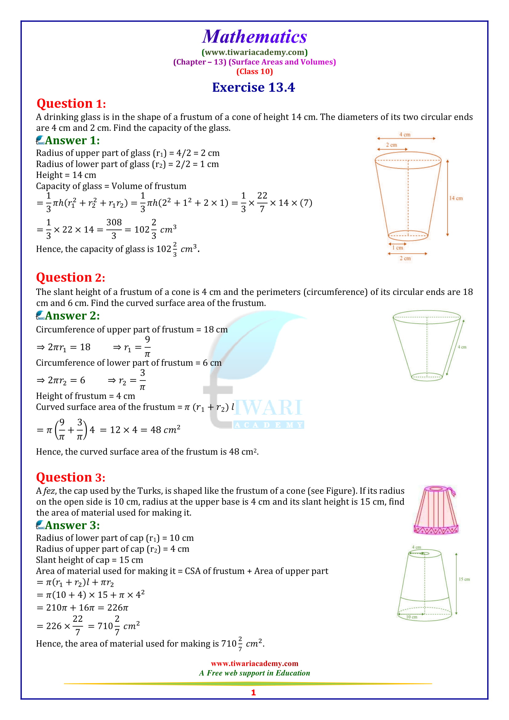 NCERT Solutions for Class 10 Maths Chapter 13 Exercise 13.4 surface areas and volumes in English medium pdf