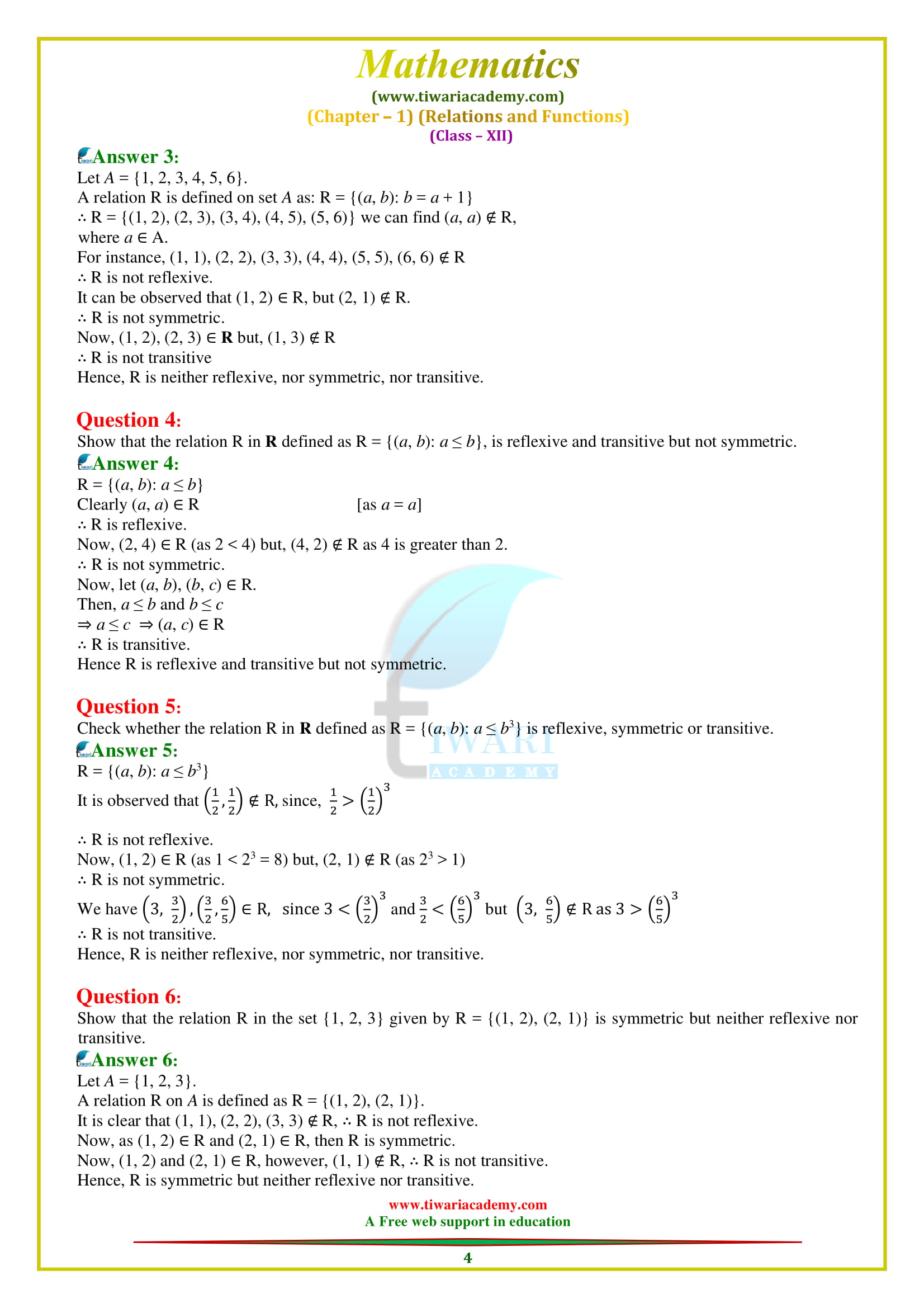 NCERT Solutions for Class 12 Maths Chapter 1 Exercise 1.1 updated for 2018-19.
