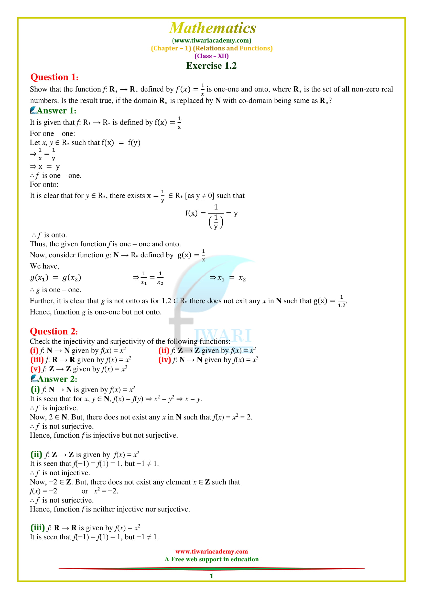 NCERT Solutions for Class 12 Maths Chapter 1 Exercise 1.2 Relations and functions in PDF