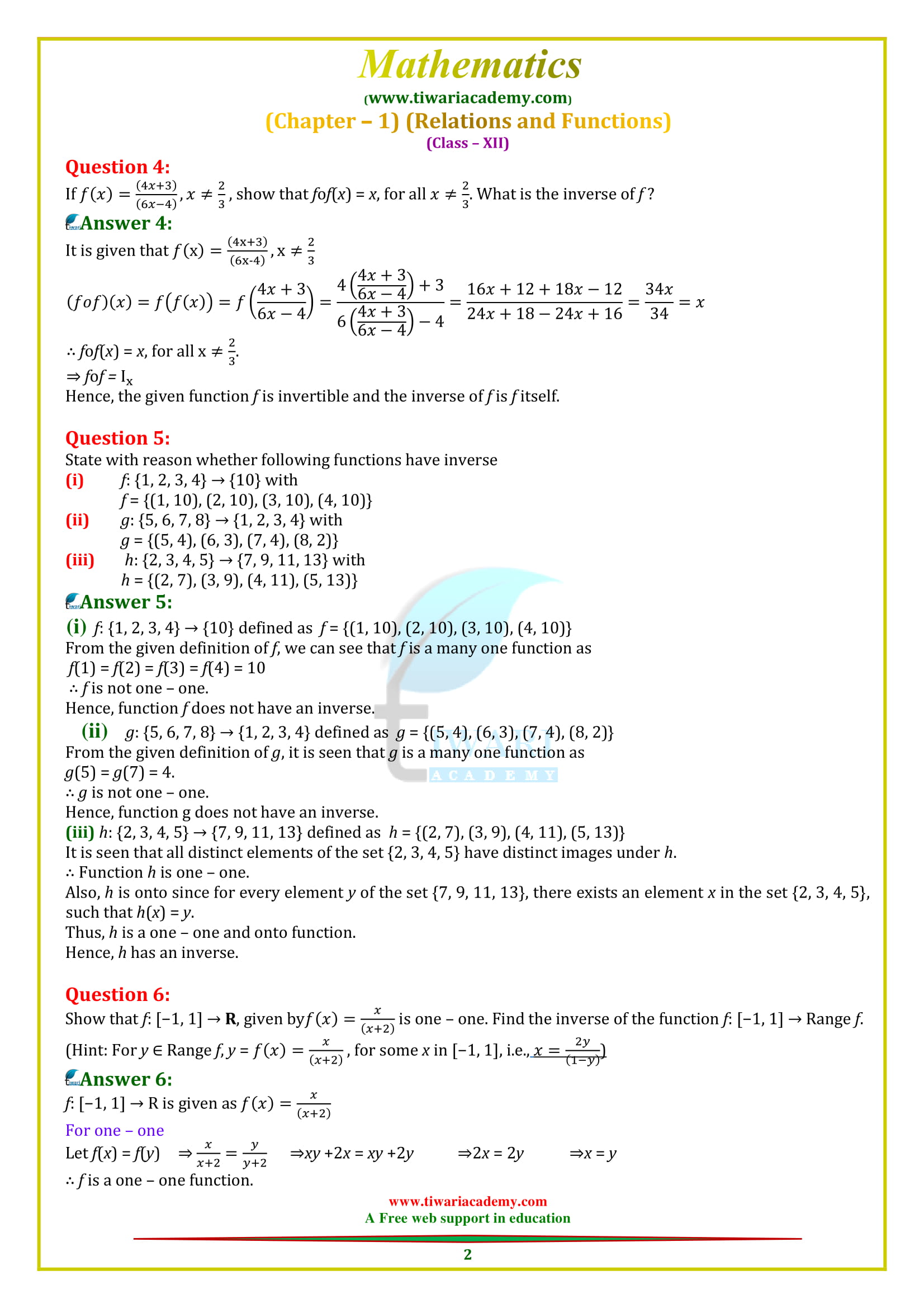 NCERT Solutions for Class 12 Maths Chapter 1 Exercise 1.3 in English medium PDF
