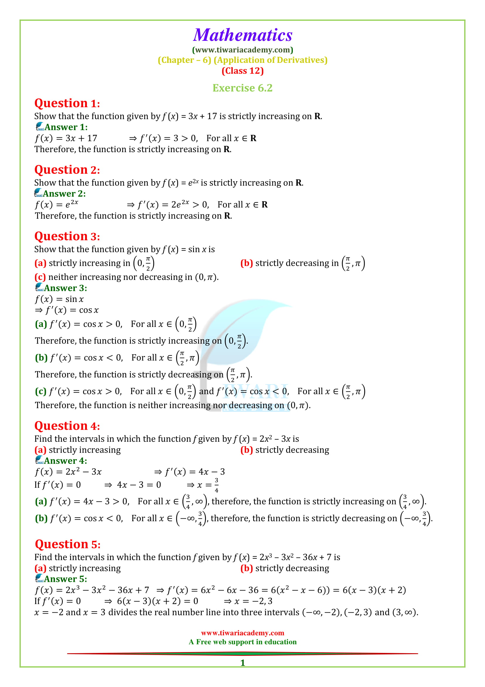 NCERT Solutions for Class 12 Maths Chapter 6 Exercise 6.2 AOD