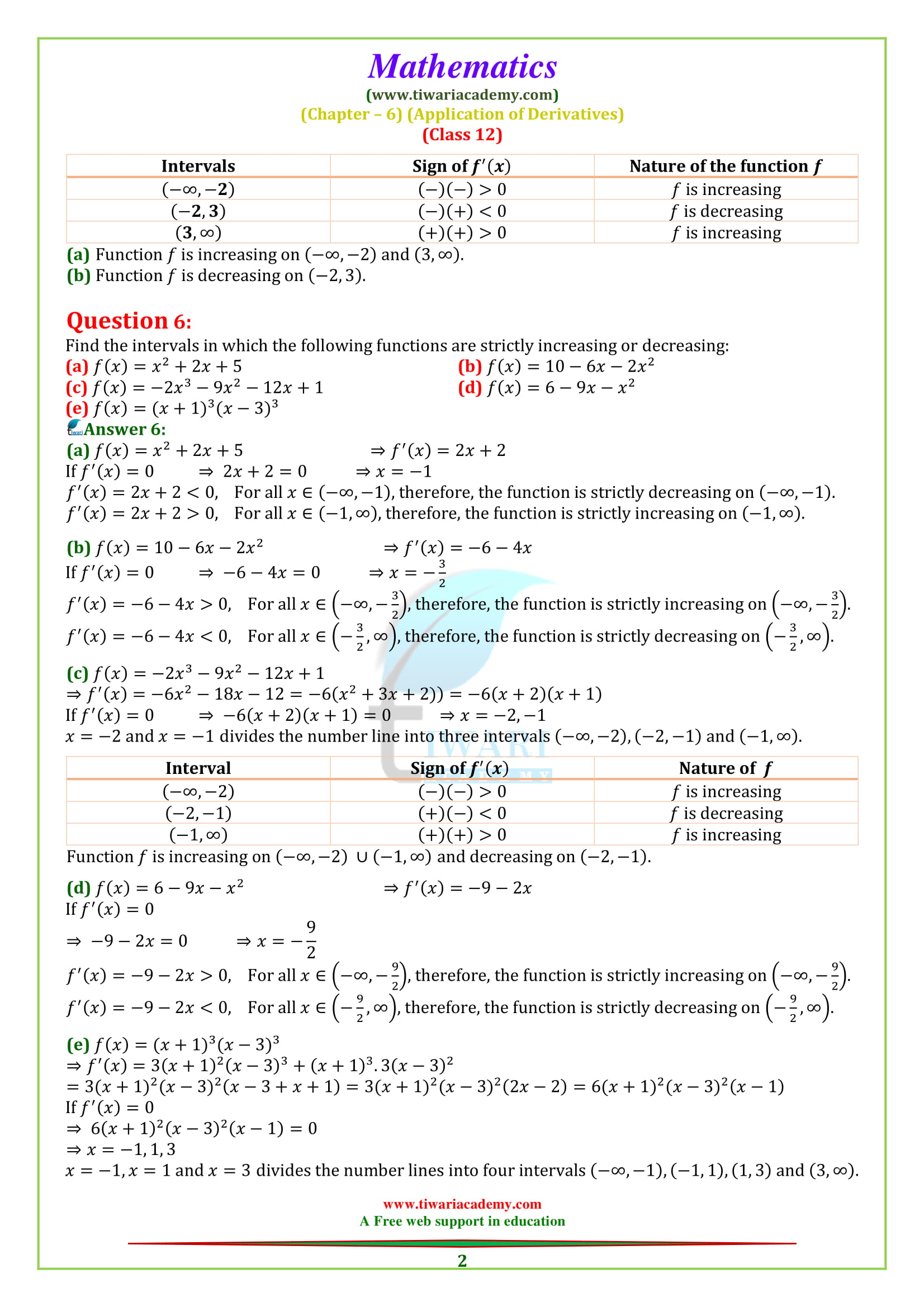 NCERT Solutions for Class 12 Maths Chapter 6 Exercise 6.2 AOD - increasing or decreasing