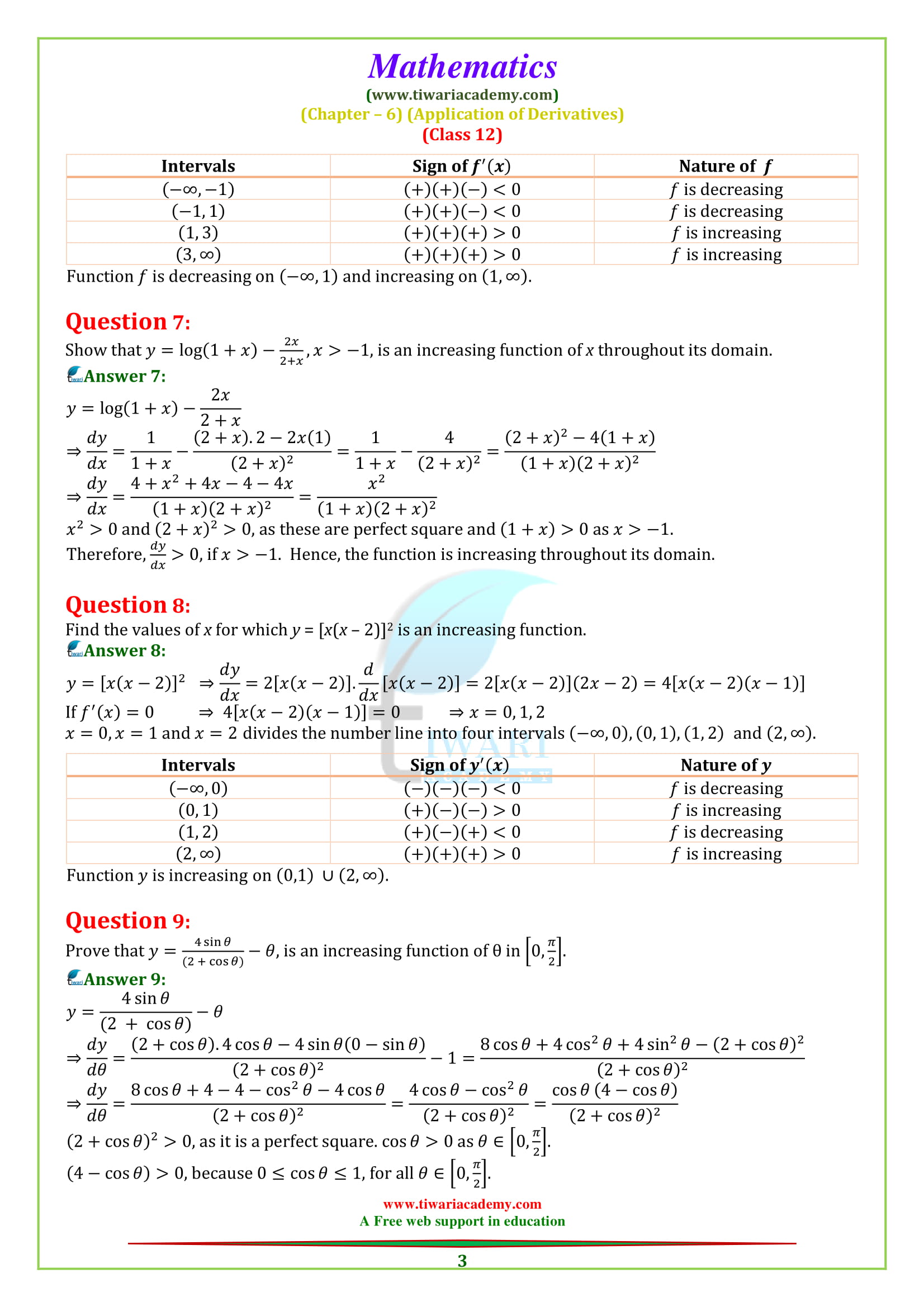 12 Maths ex. 6.2 increasing decreasing ncert sols in english medium