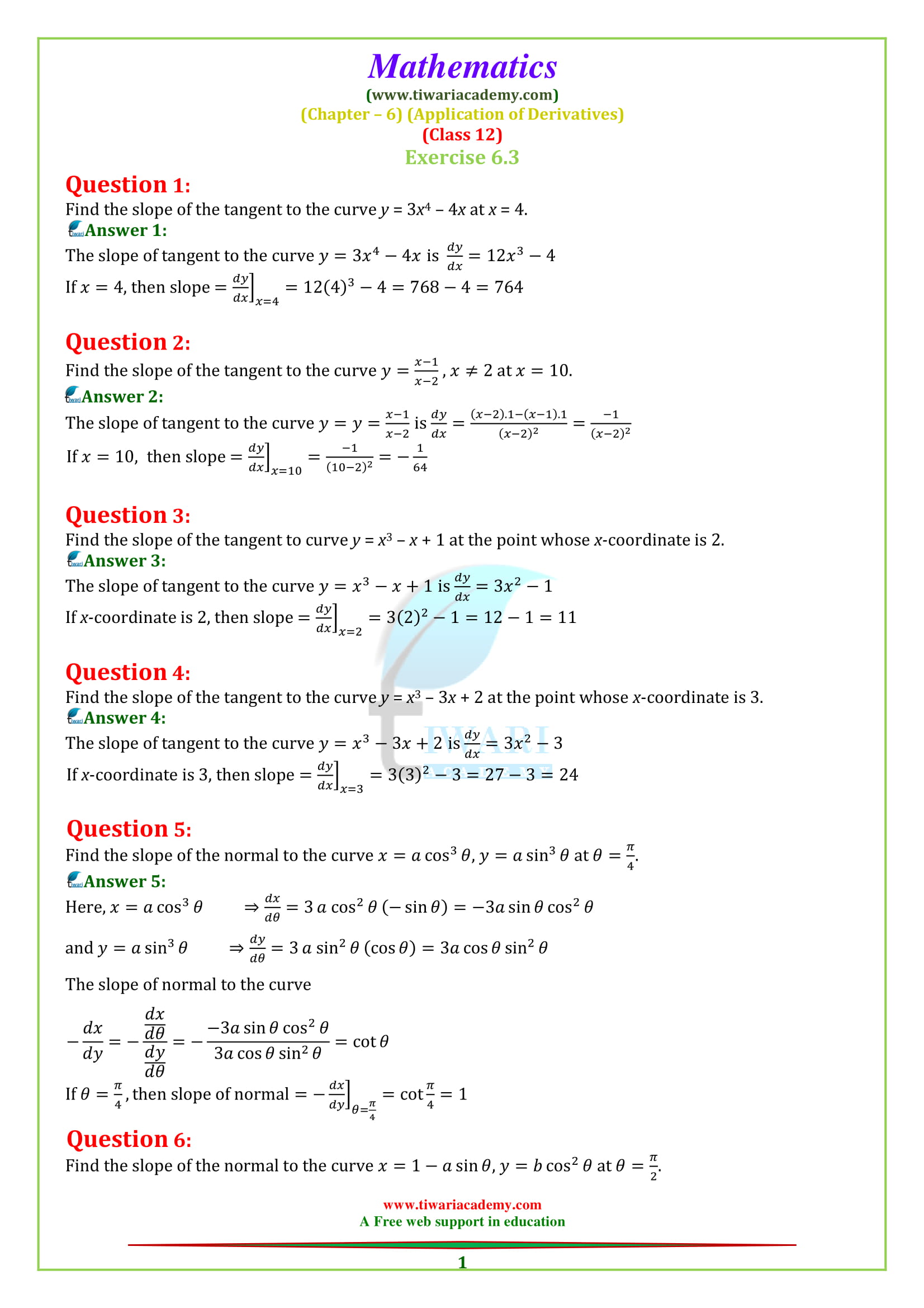 NCERT Solutions for Class 12 Maths Chapter 6 Exercise 6.3 AOD