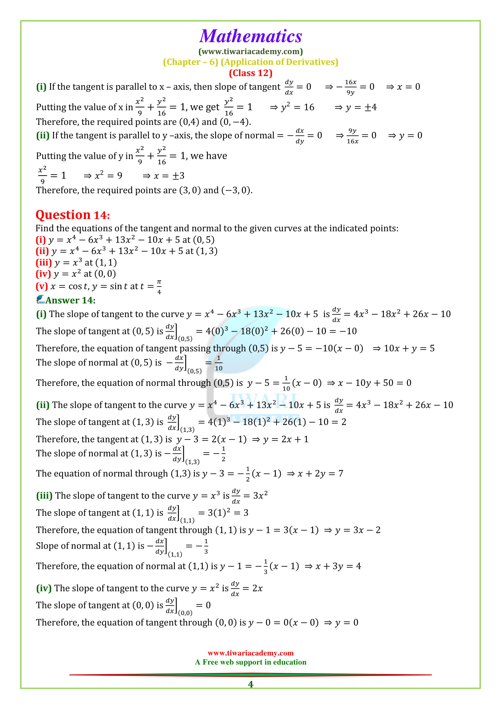 NCERT Solutions for Class 12 Maths Chapter 6 Exercise 6.3 tangent and normal