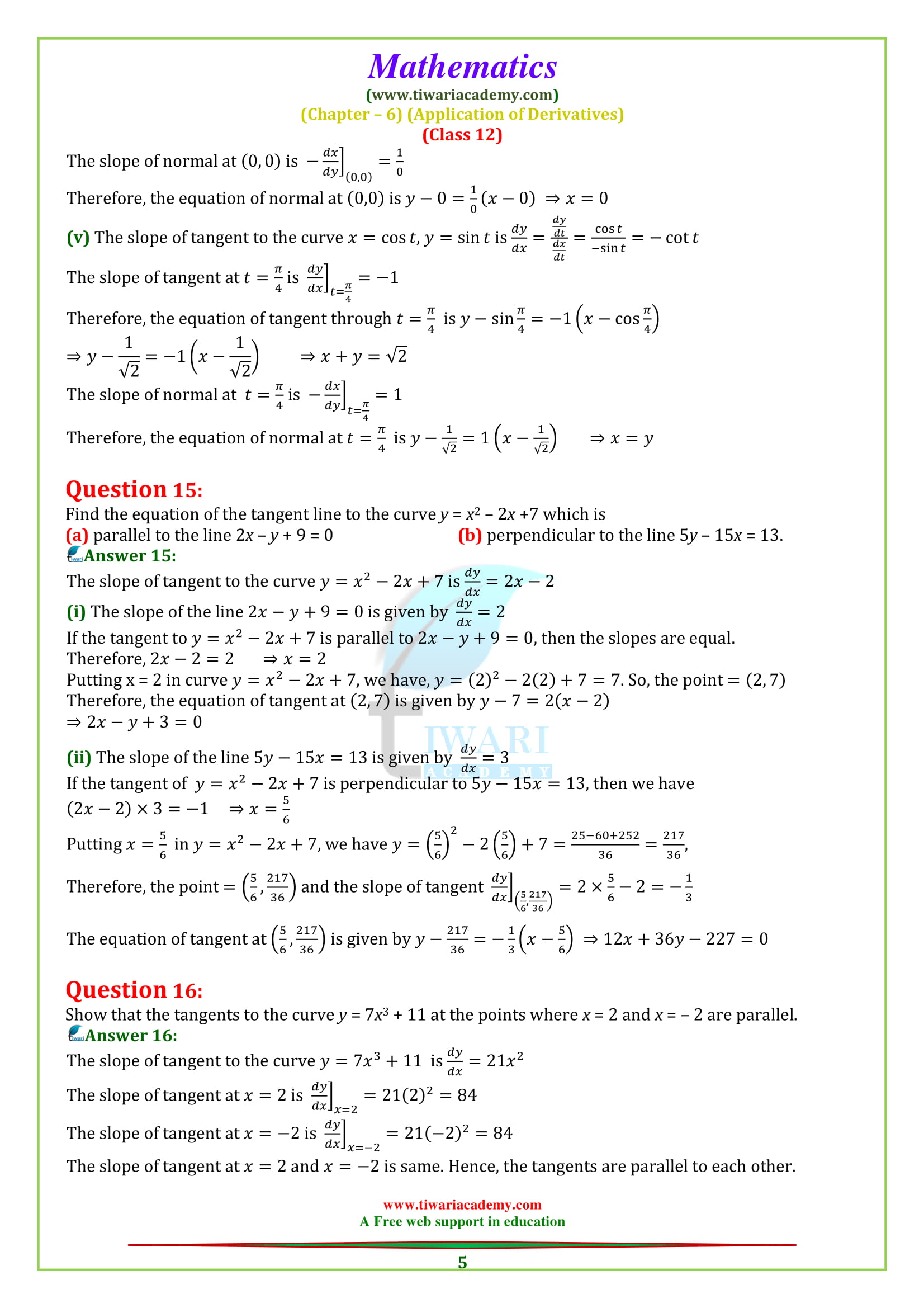 12 MAths exercise 6.3 tangent and normal solutions