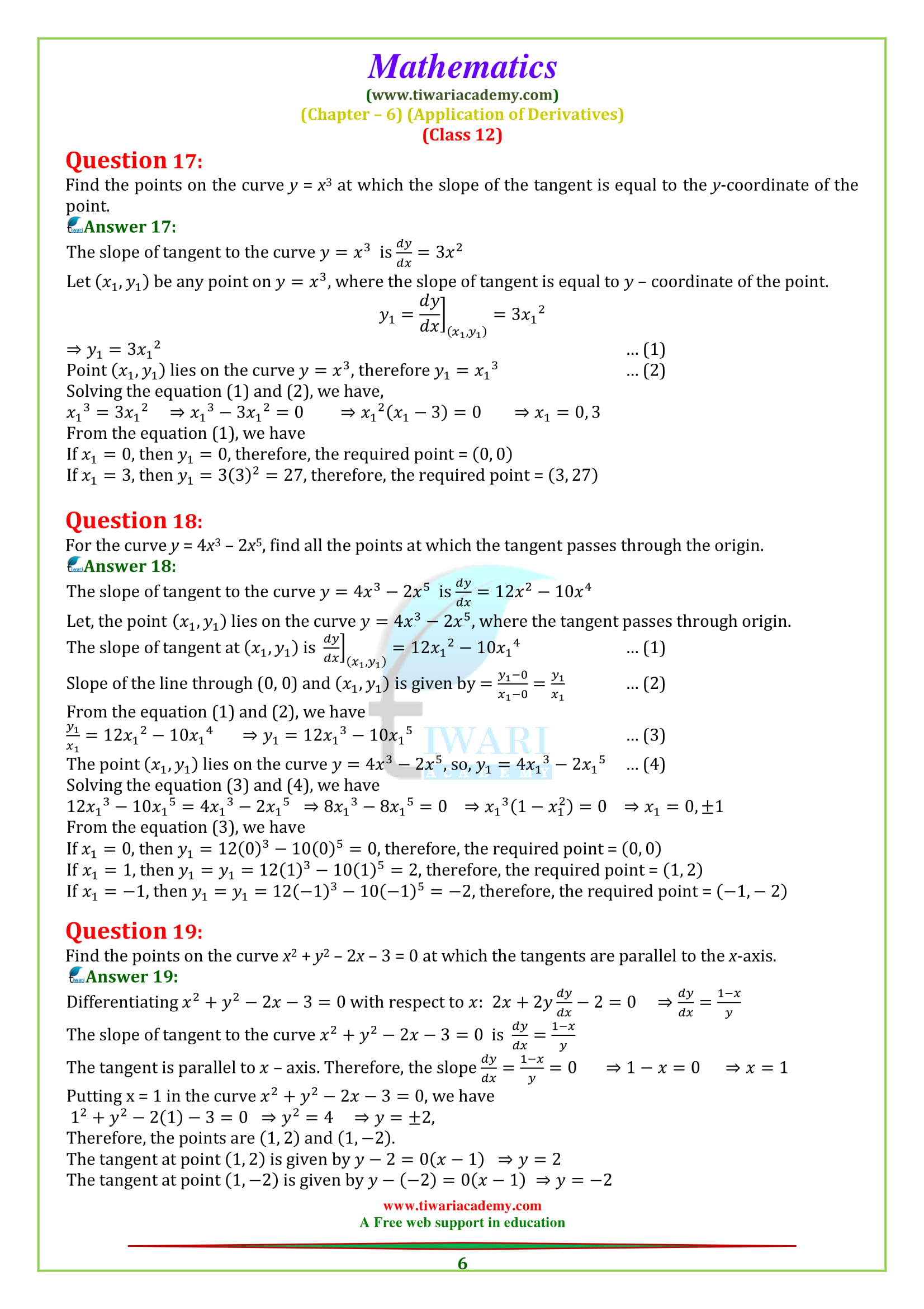 12 MAths exercise 6.3 tangent and normal sols in english for 2018-2019.