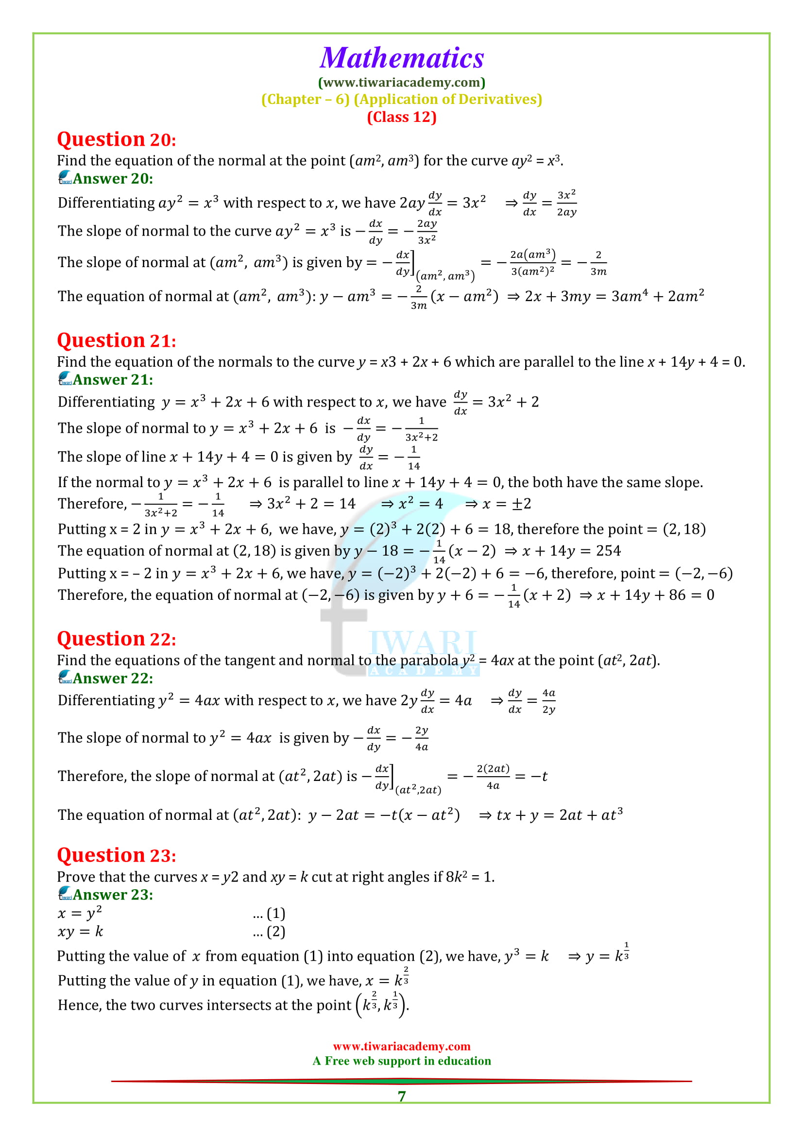 12 MAths exercise 6.3 tangent and normal in PDF form solutions.