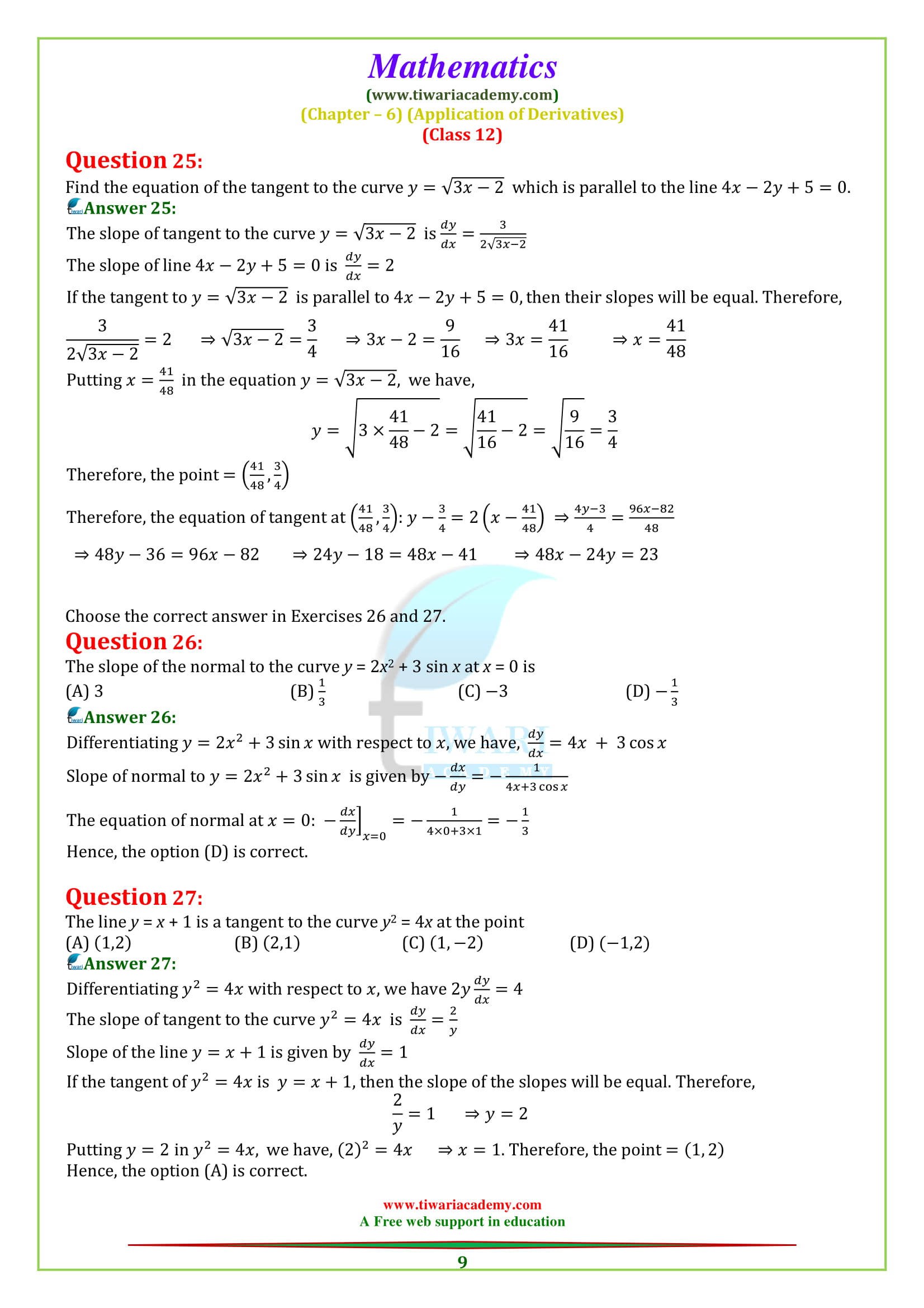 12 MAths exercise 6.3 tangent and normal solutions for up board and cbse.