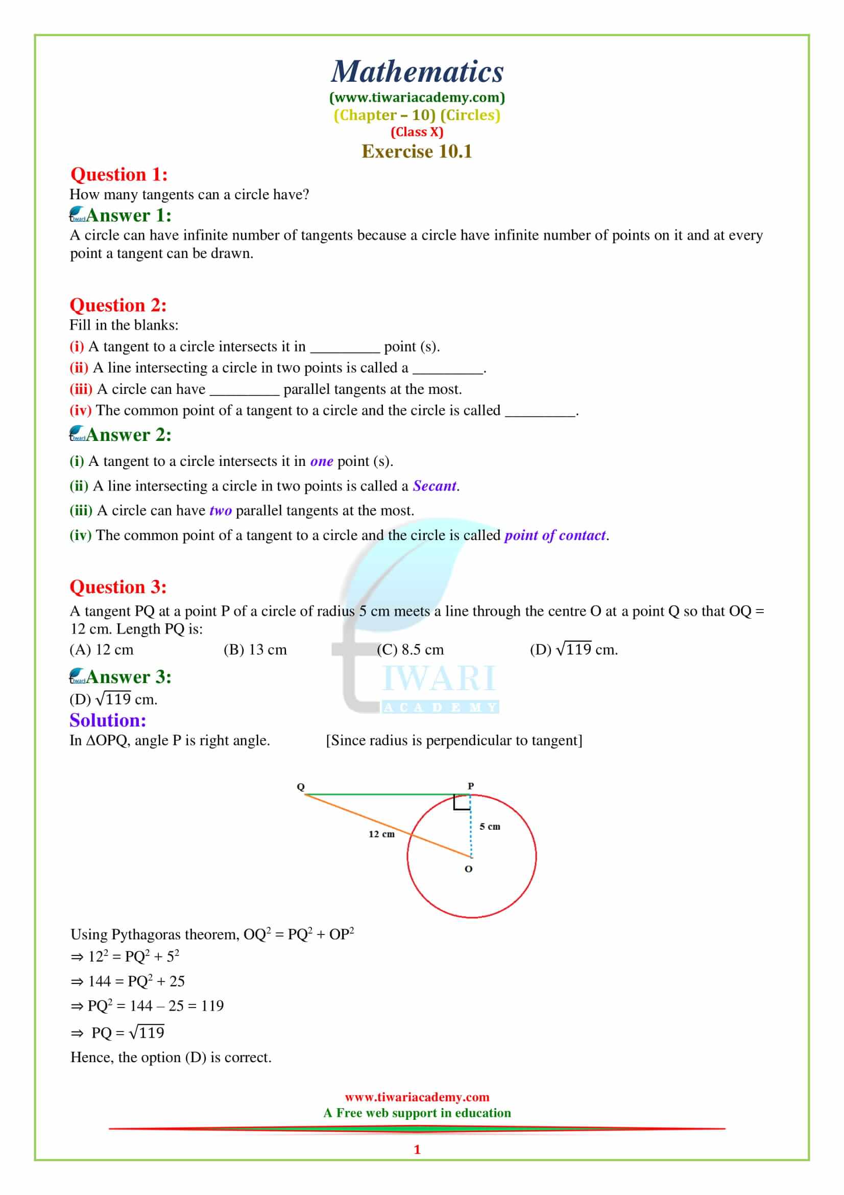10 Maths Chapter 10 Exercise 10.1