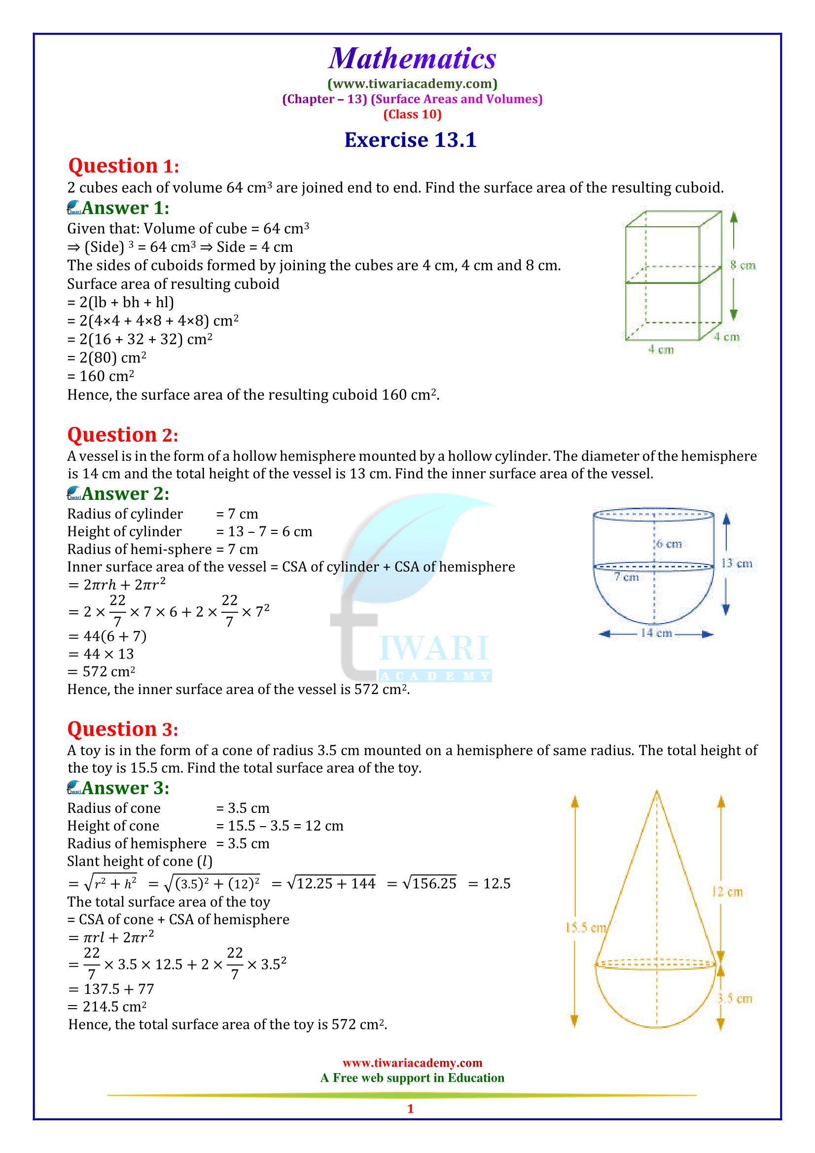 NCERT Solutions for Class 10 Maths Chapter 13 Exercise 13.1 Surface Areas and Volumes