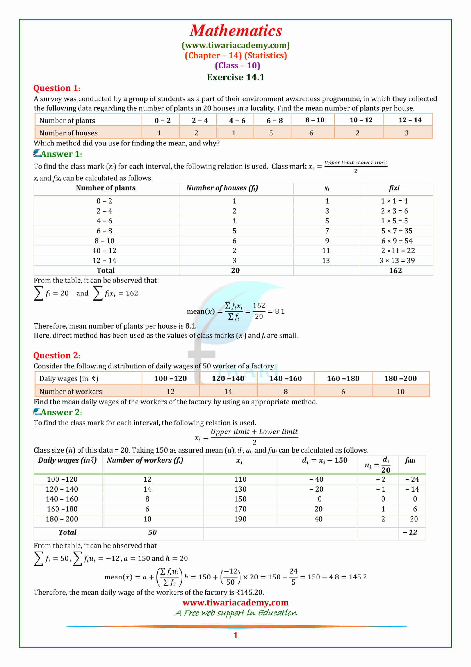 NCERT Solutions for class 10 Maths Chapter 14 Statistics Exercise 14.1 in pdf form