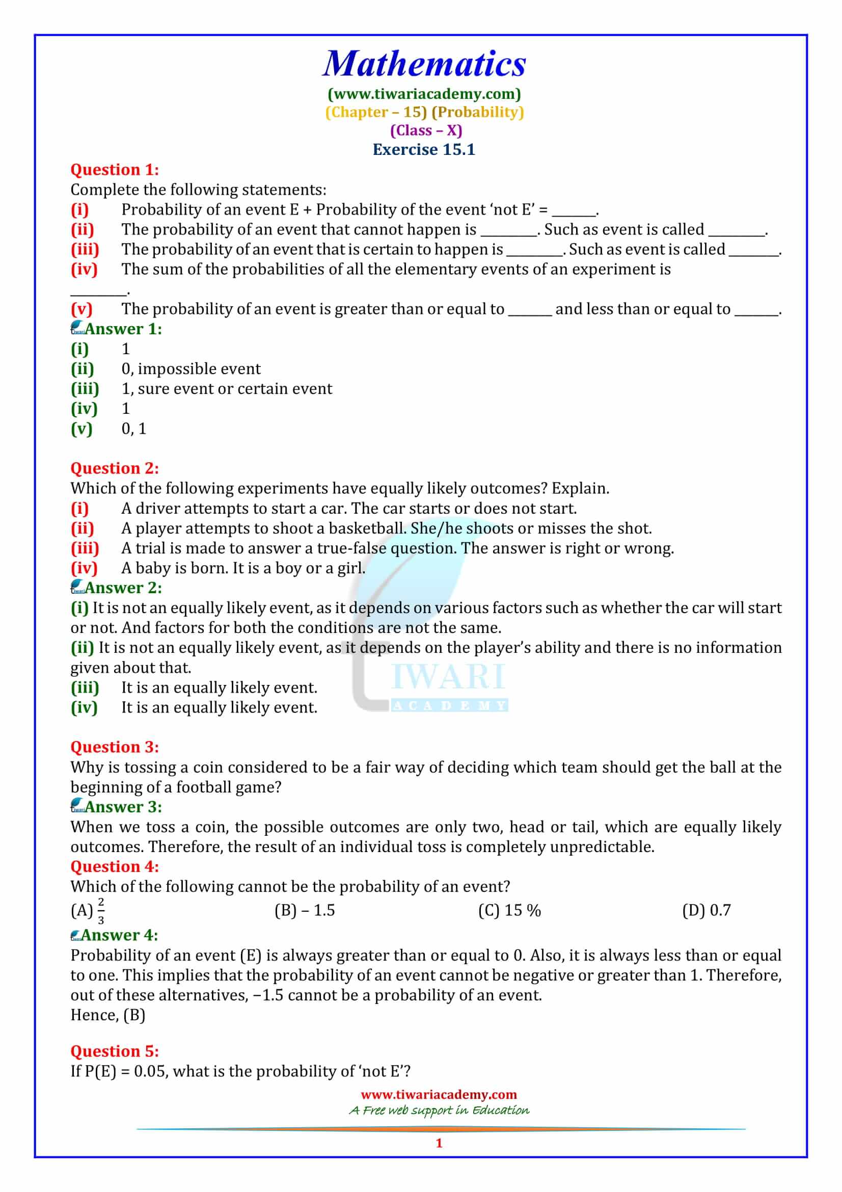 NCERT Solutions for Class 10 Maths Chapter 15 Exercise 15.1 Probability