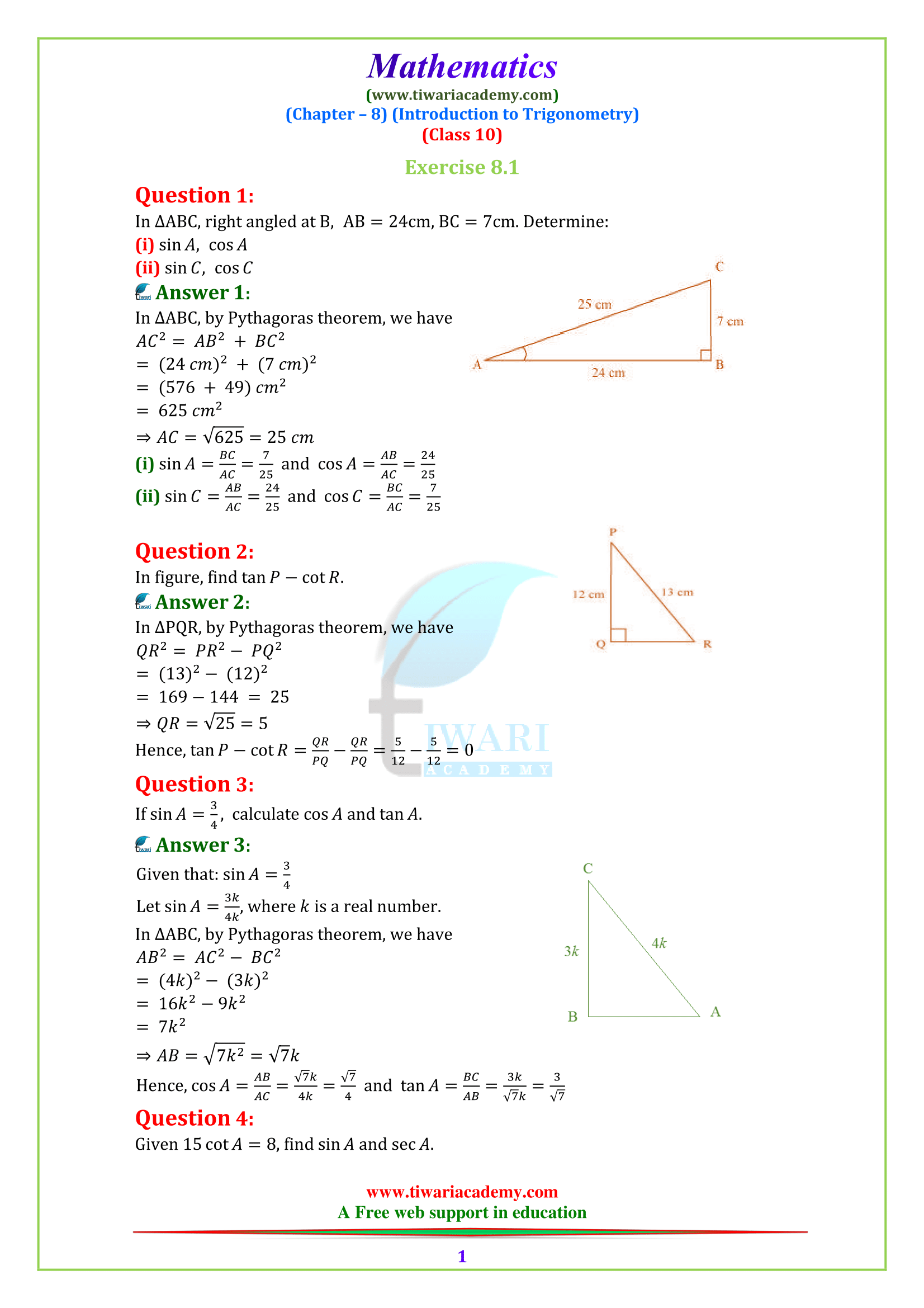 NCERT Solutions for class 10 Maths Chapter 8 Exercise 8.1 Introduction to Trigonometry in ENGLISH MEDIUM