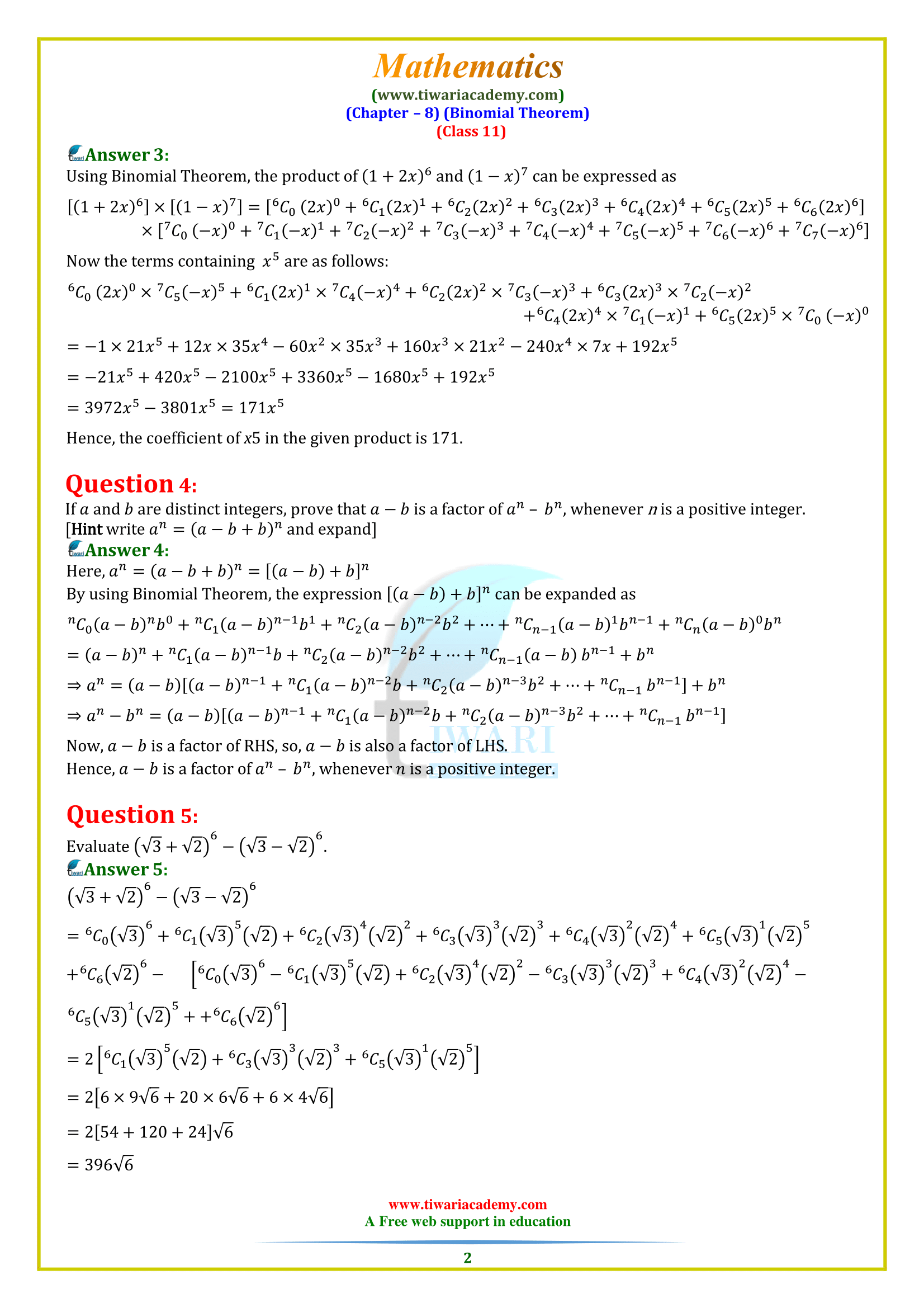 NCERT Solutions for Class 11 Maths Chapter 8 Binomial Theorem
