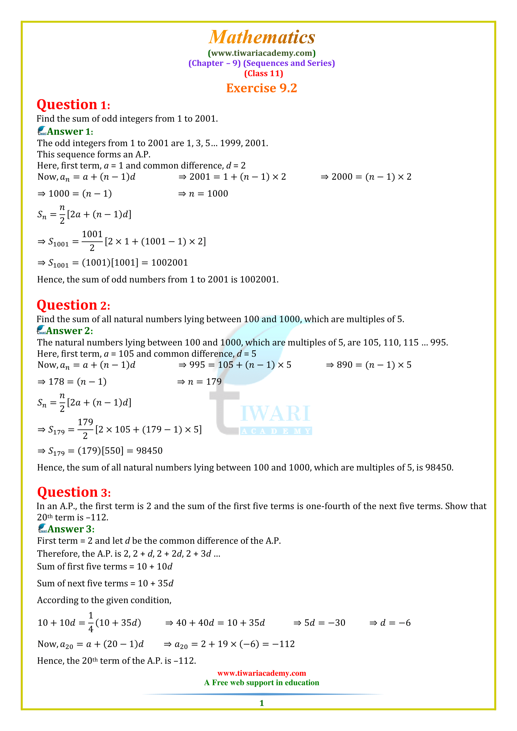 Class 11 Maths Chapter 9 Sequences and Series Exercise 9.2