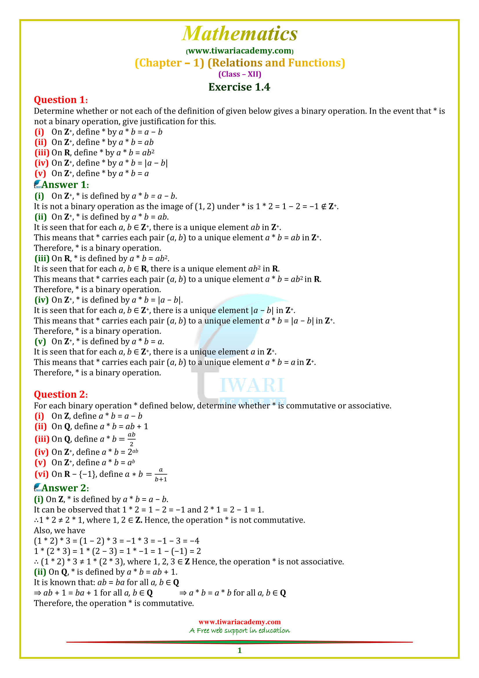 NCERT Solutions for Class 12 Maths Chapter 1 Exercise 1.4 Relations and functions in PDF