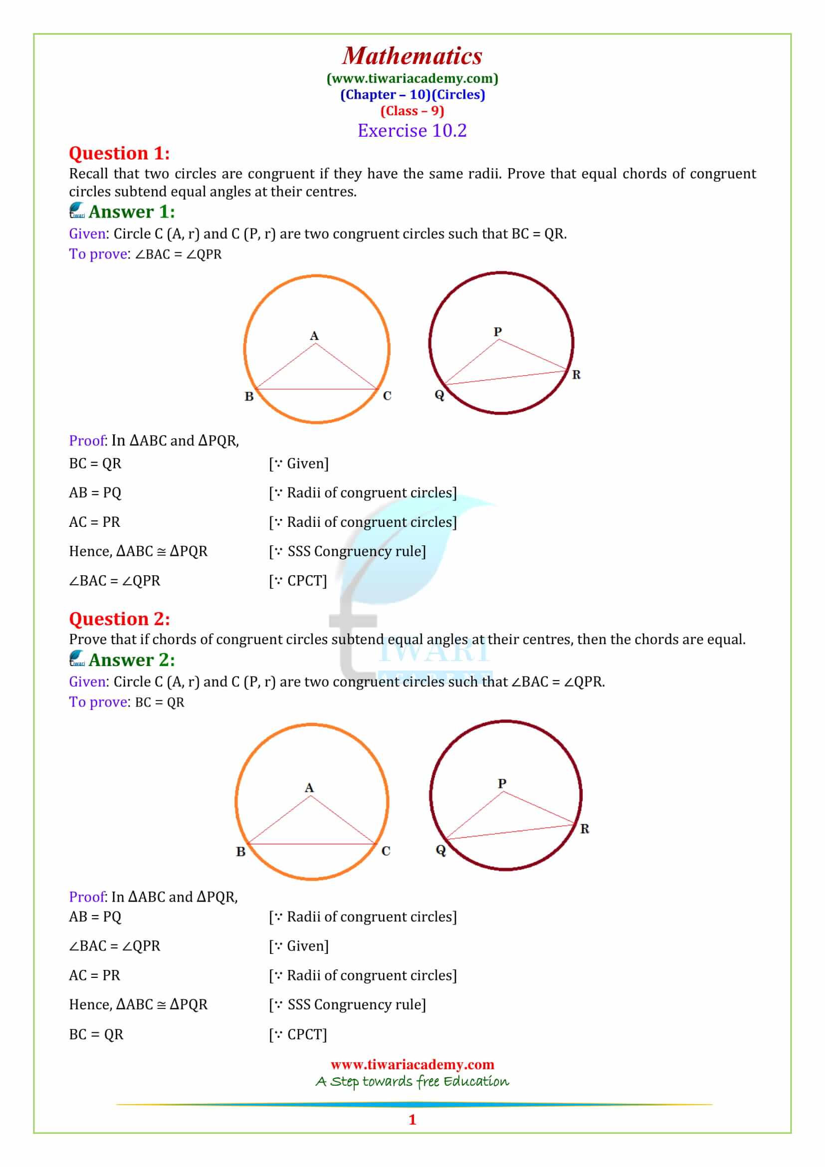 NCERT Solutions for Class 9 Maths Chapter 10 Circles Exercise 10.2