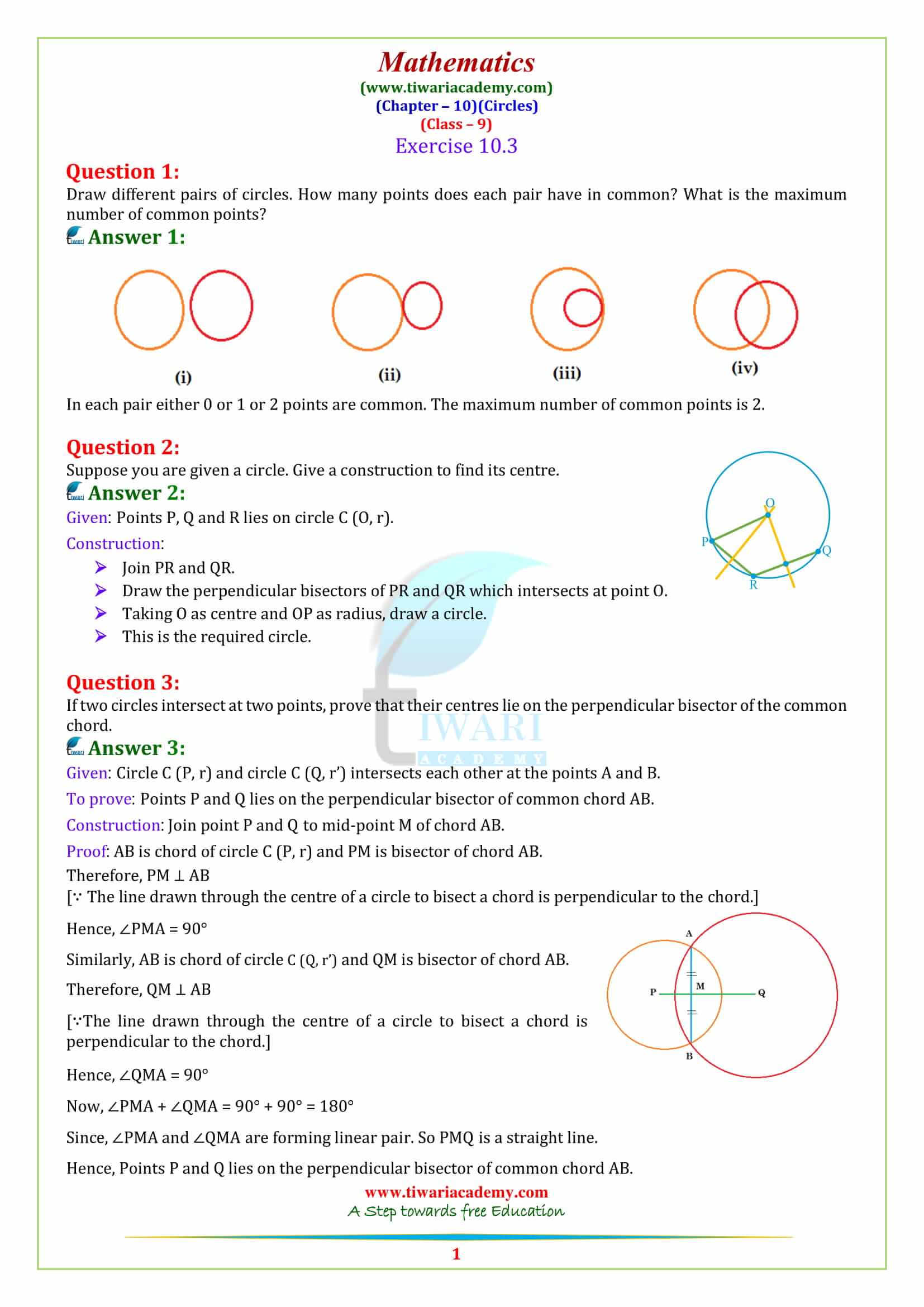 NCERT Solutions for Class 9 Maths Chapter 10 Circles Exercise 10.3