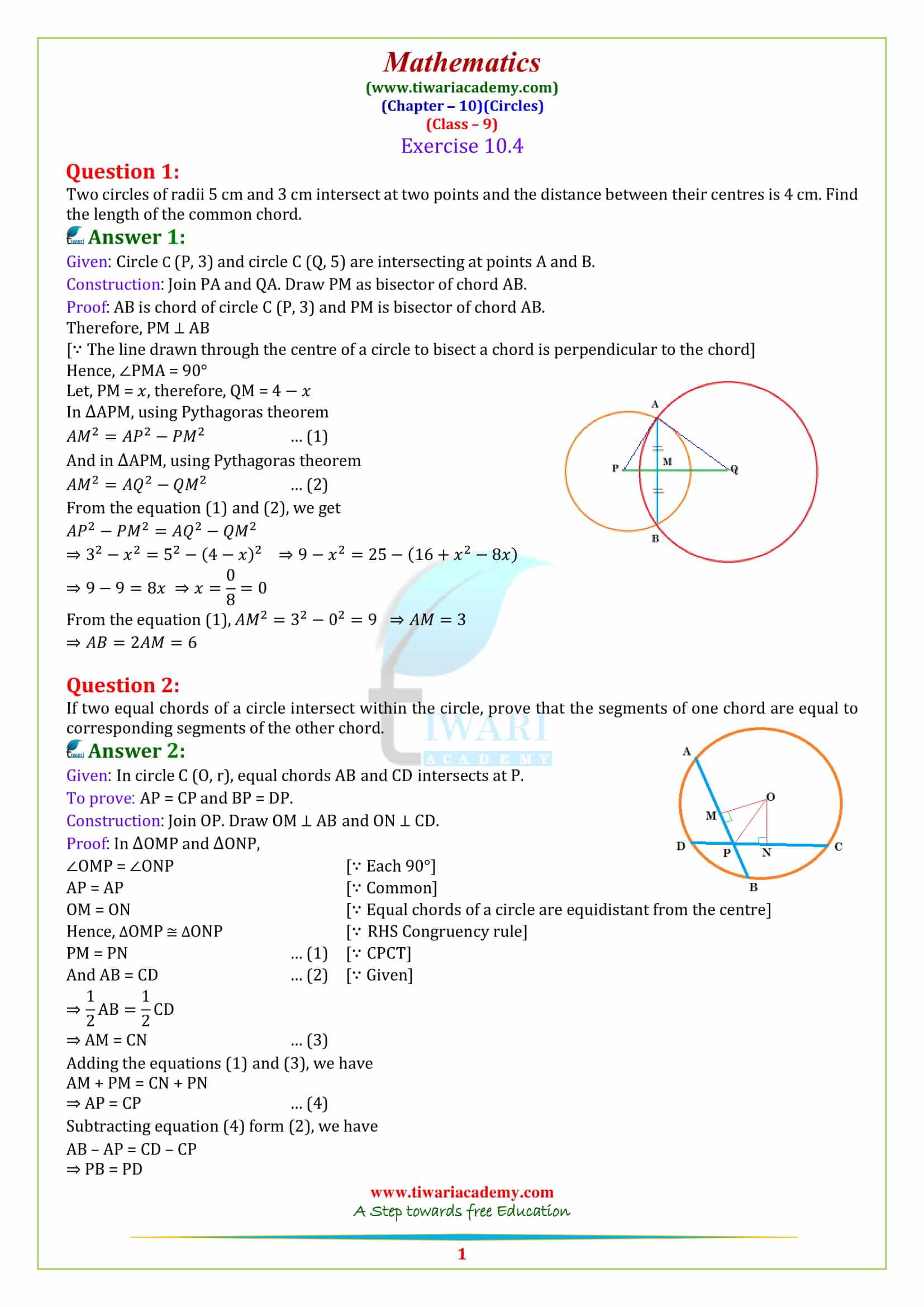 NCERT Solutions for Class 9 Maths Chapter 10 Circles Exercise 10.4