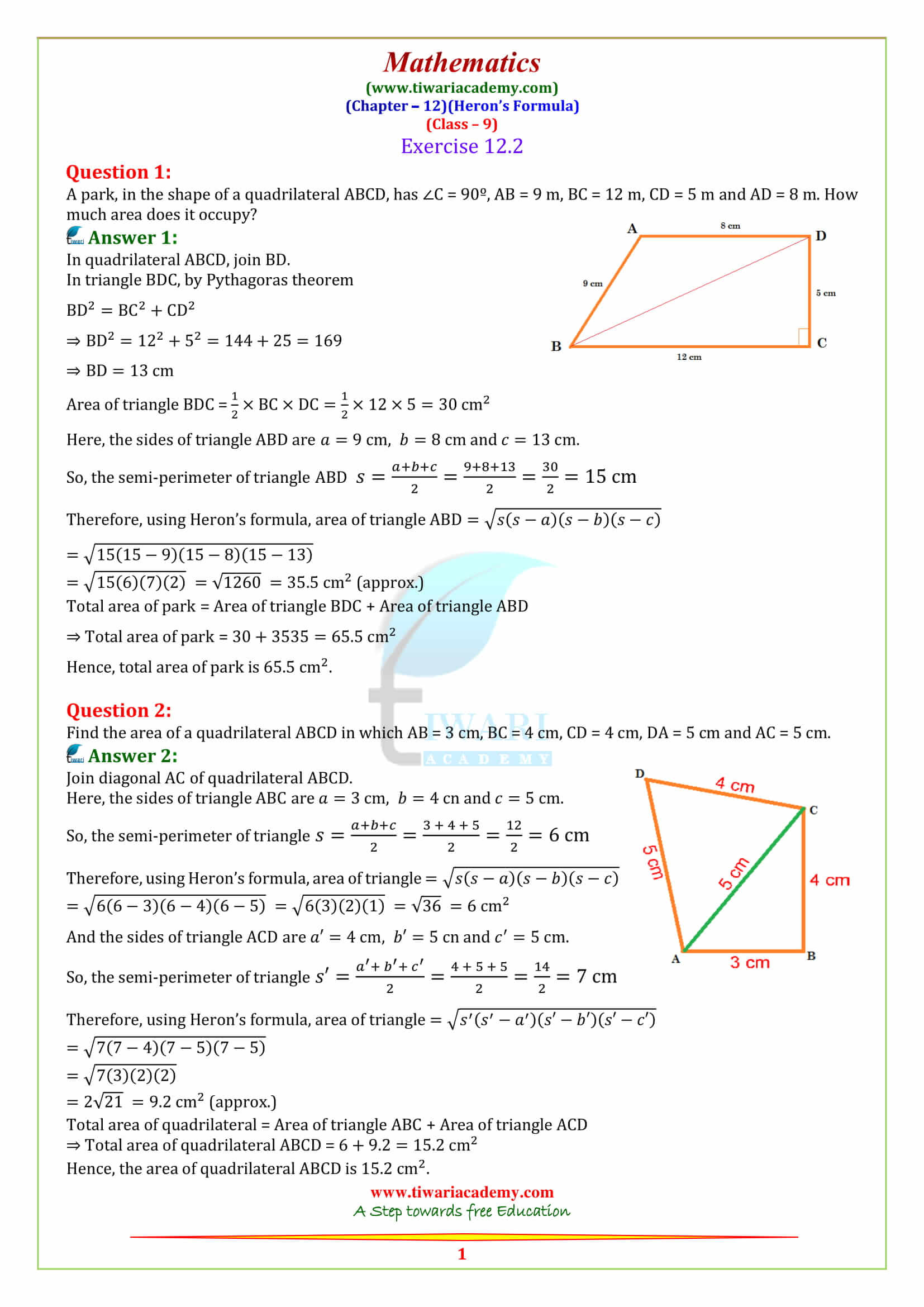 NCERT Solutions for Class 9 Maths Chapter 12 Heron's Formula Exercise 12.2