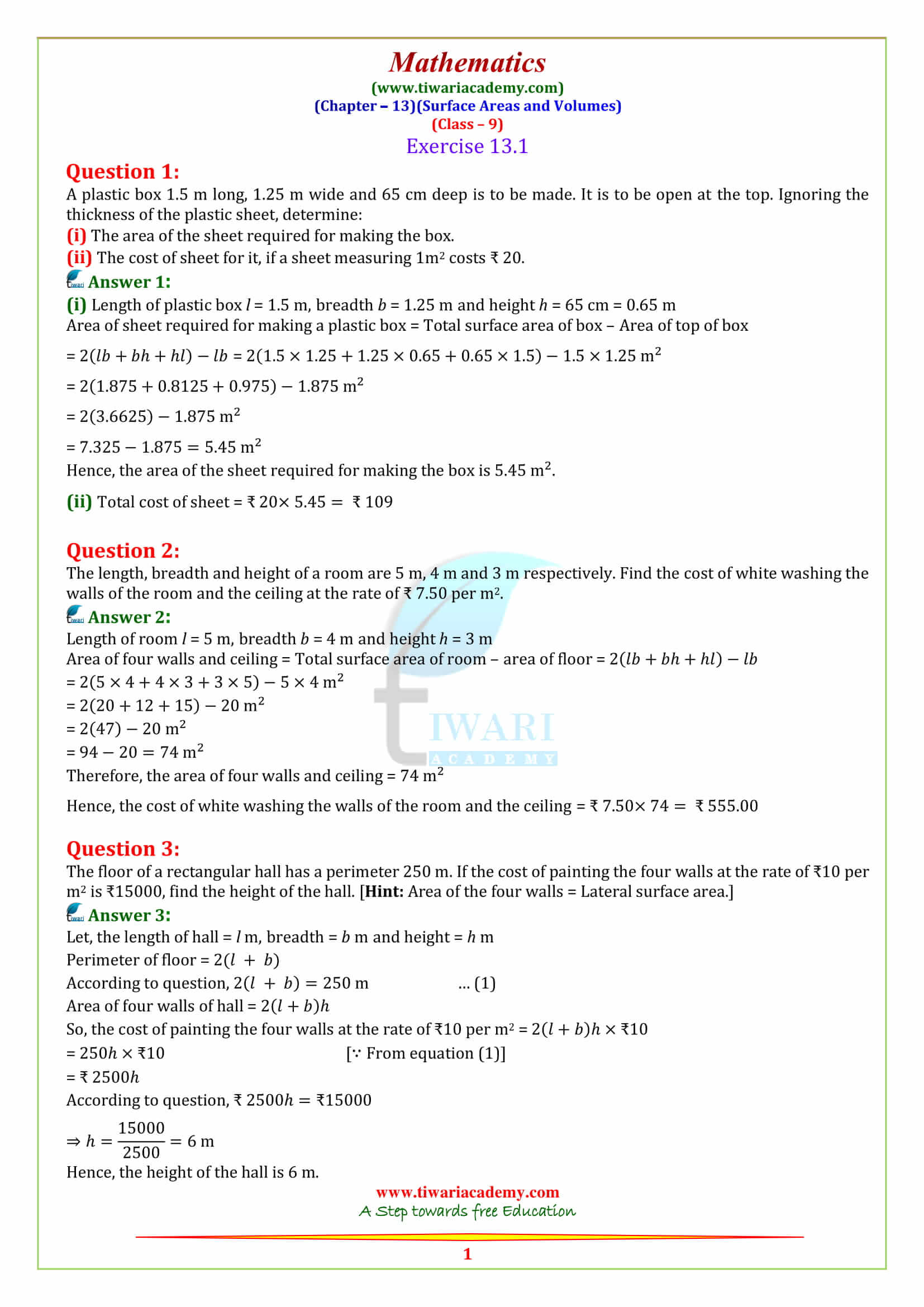 NCERT Solutions for Class 9 Maths Chapter 13 Surface Areas and Volumes Exercise 13.1 in PDF form