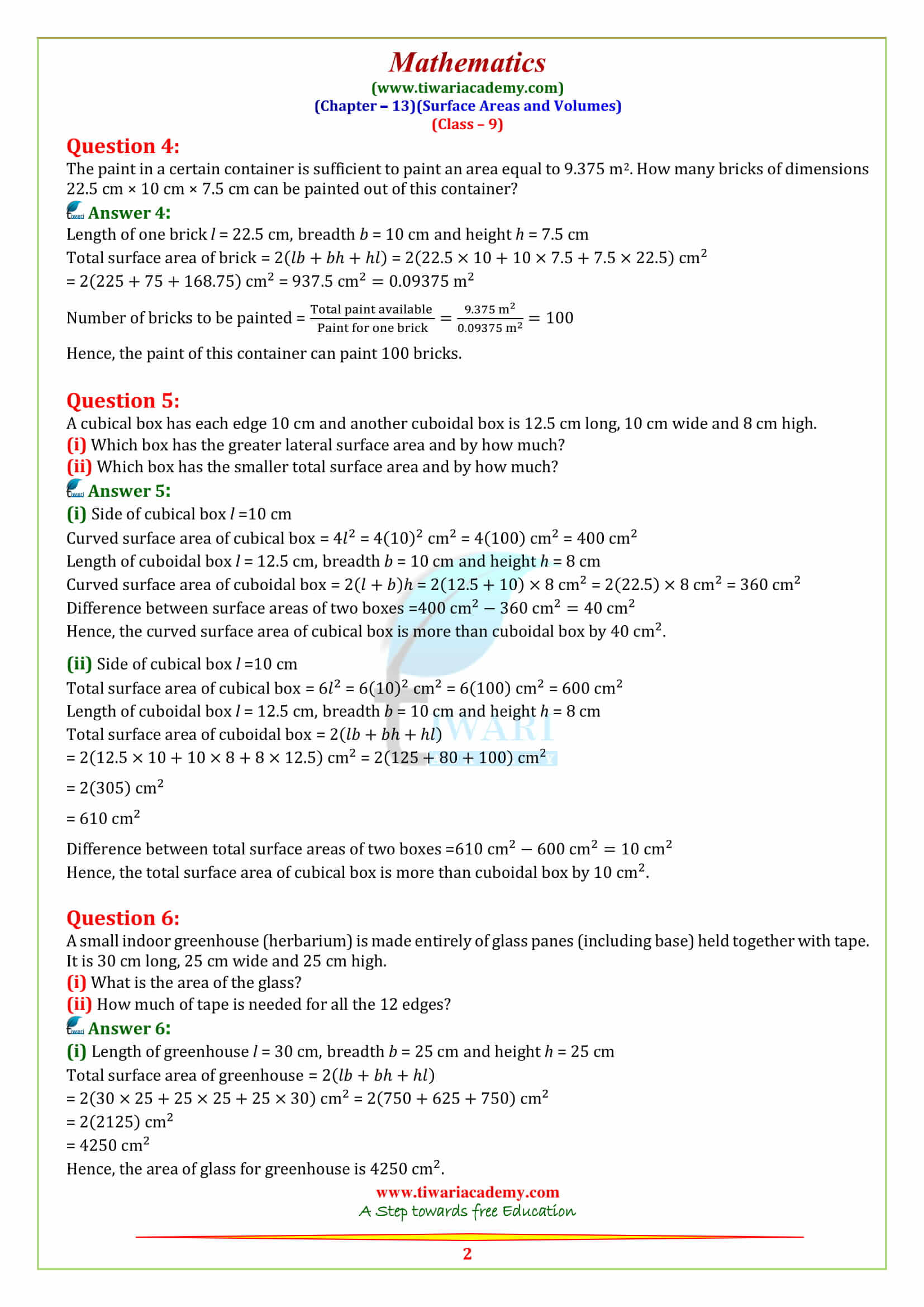 NCERT Solutions for Class 9 Maths Chapter 13 Surface Areas and Volumes Exercise 13.1 in english medium